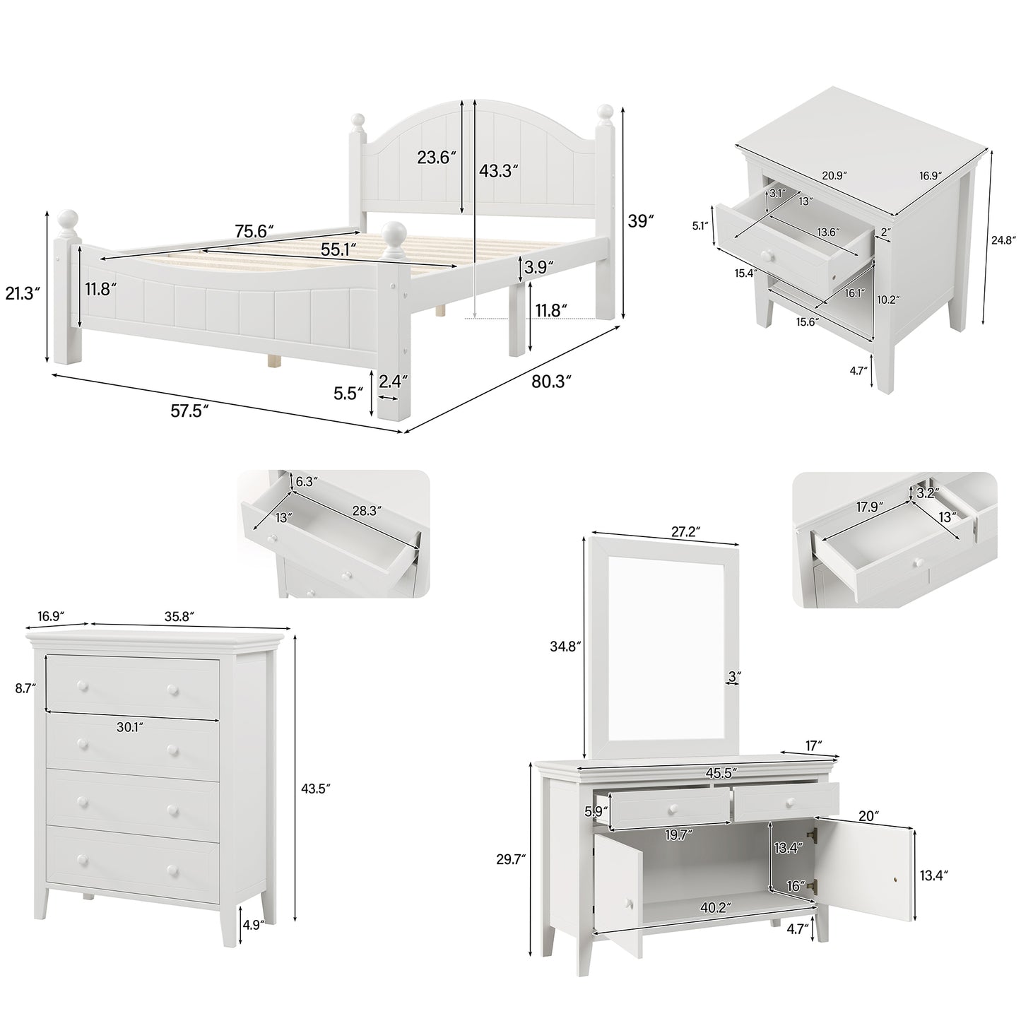 6 Pieces Traditional Concise Style White Bedroom Sets, Nightstand*2+ Chest+ Dresser+ Mirror+ Full Bed