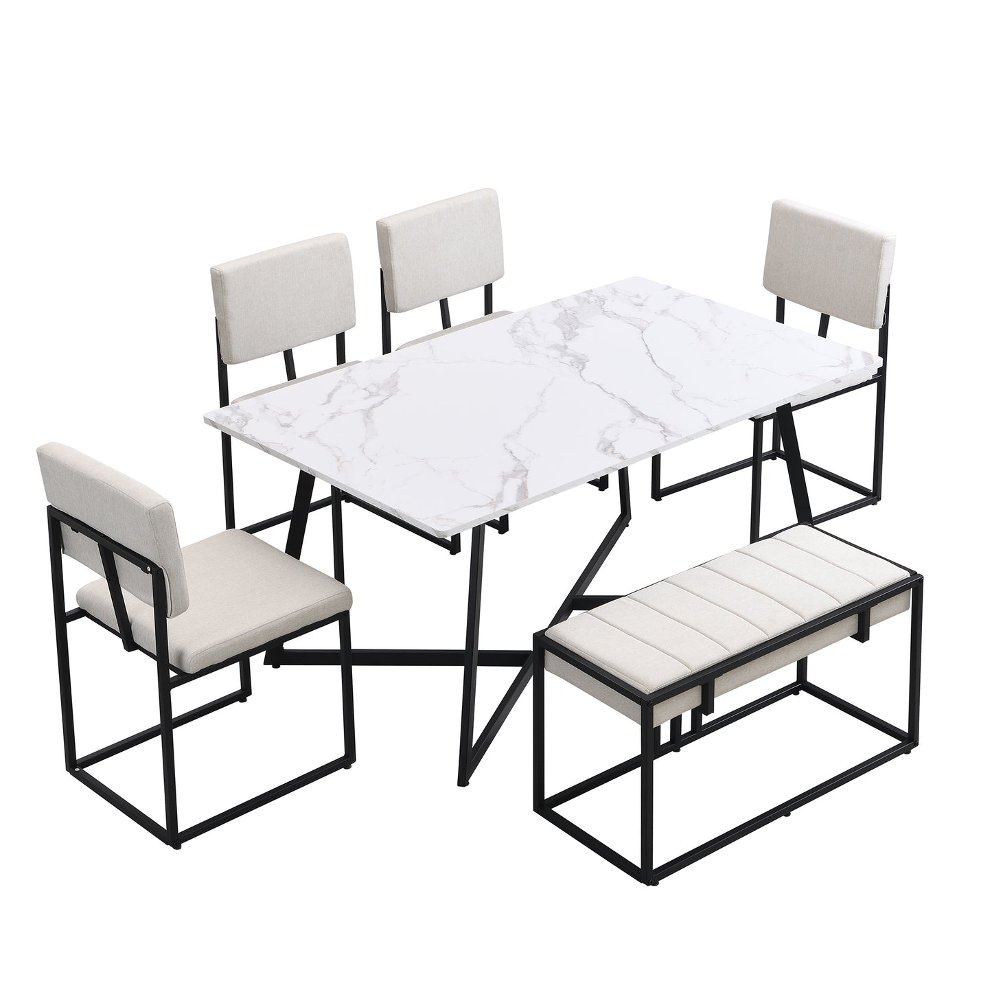 TOPMAX Modern Faux Marble 6-Piece Dining Table Set,60inch Metal Kitchen Table Set with Upholstered Dining Chairs and Bench, Black