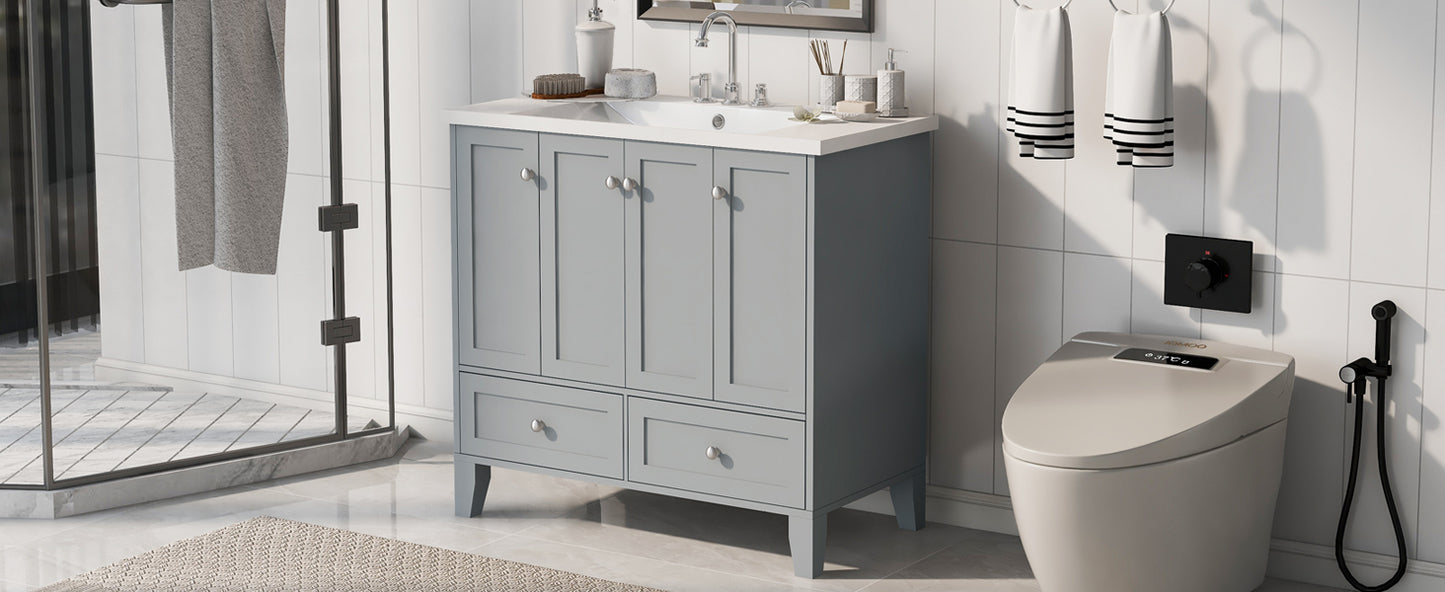 36'' Bathroom Vanity with Resin Sink Combo,Solid Wood Frame Bathroom Storage Cabinet, Freestanding Vanity Set with 4 Soft Closing Doors& 2 Drawers