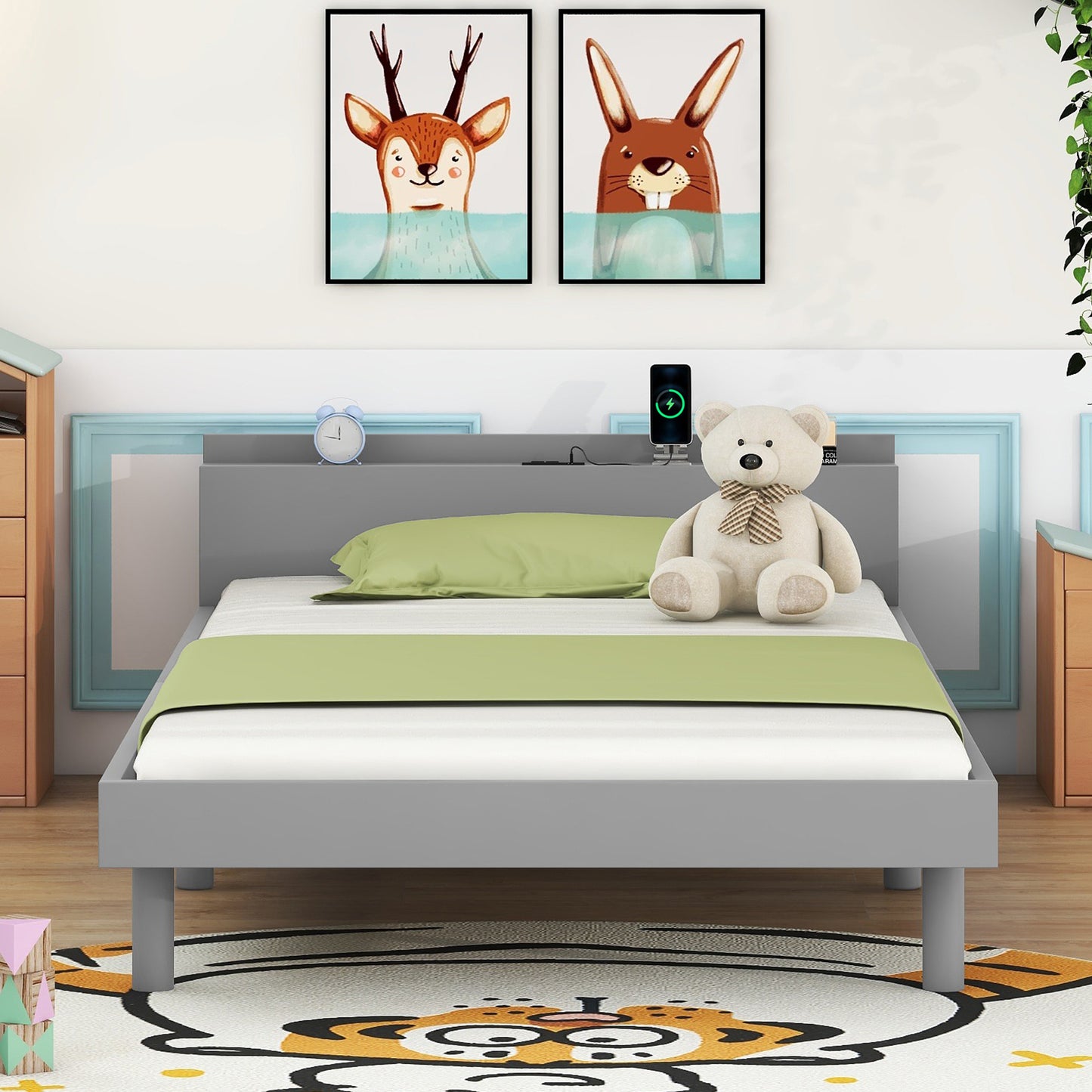 Modern Design Twin Size Platform Bed Frame with Headboard for Grey Color