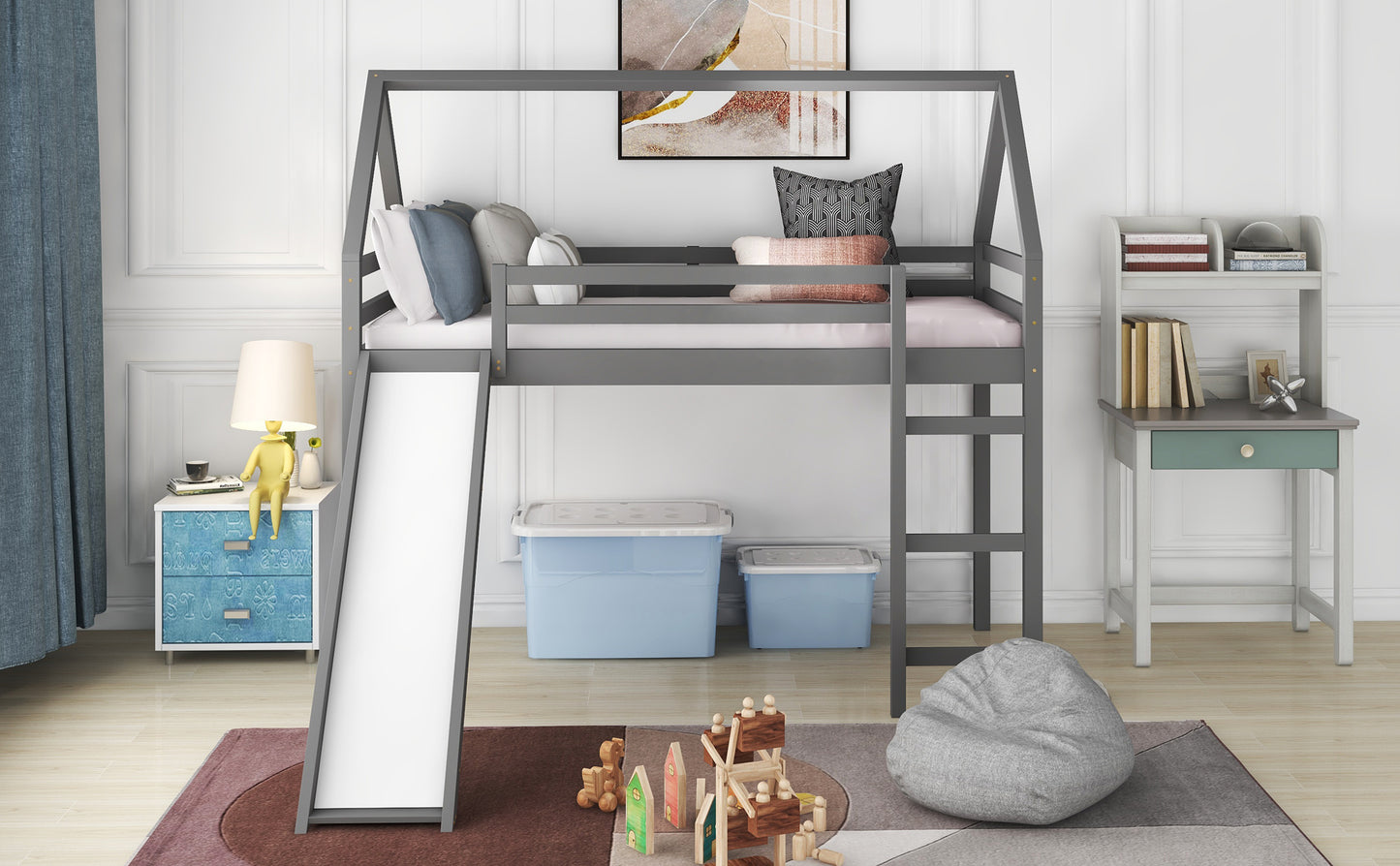 Twin Size Loft Bed with Slide, House Bed with Slide,Gray(OLD SKU :WF281158AAE)