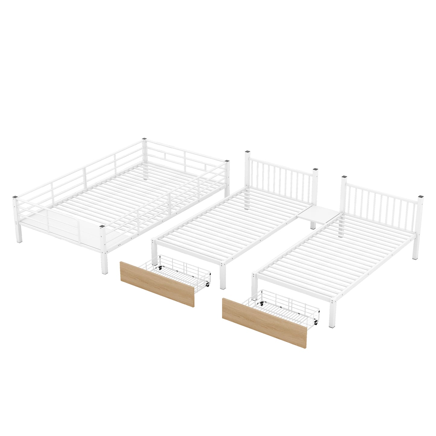 Full over Twin-Twin Triple bunk bed with drawers and staircase, White