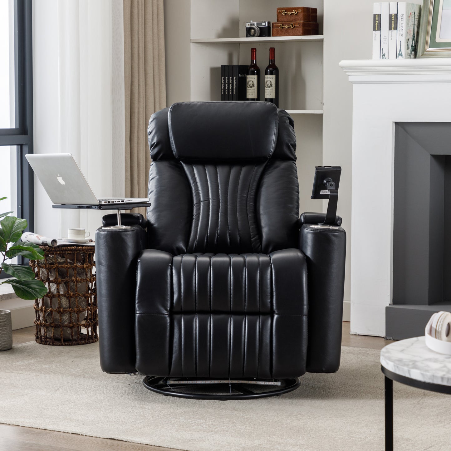 270° Power Swivel Recliner,Home Theater Seating With Hidden Arm Storage and LED Light Strip,Cup Holder,360° Swivel Tray Table,and Cell Phone Holder,Soft Living Room Chair,Black