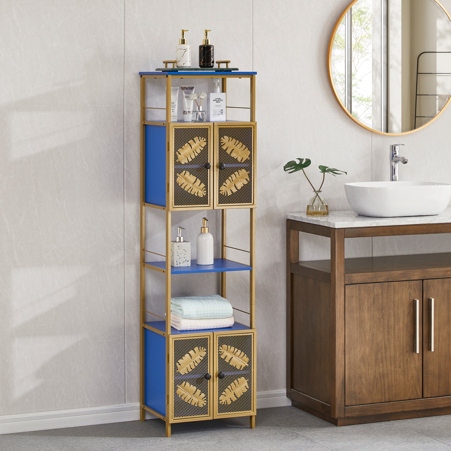 Tall Large Floor Storage Cabinet with Open Compartments and 2 Cabinets with Doors, Freestanding Cabinet, for Home Kitchen, Bathroom, Living Room