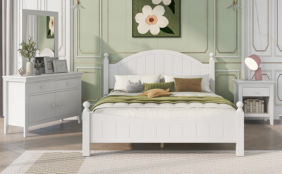 4 Pieces Traditional Concise Style White Bedroom Sets, Nightstand+ Dresser+ Mirror+King Bed