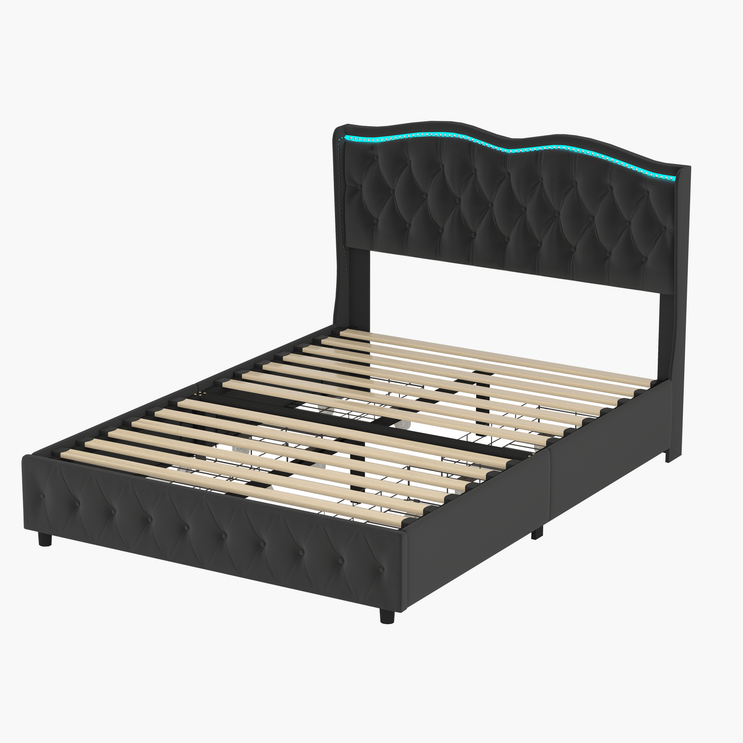 Queen Platform Bed Frame , Velvet Upholstered Bed with Deep Tufted Buttons and Nailhead Trim, Adjustable Colorful LED Light Decorative Headboard, Bed Sides with Pull-Out Storage 4 Drawers, Black
