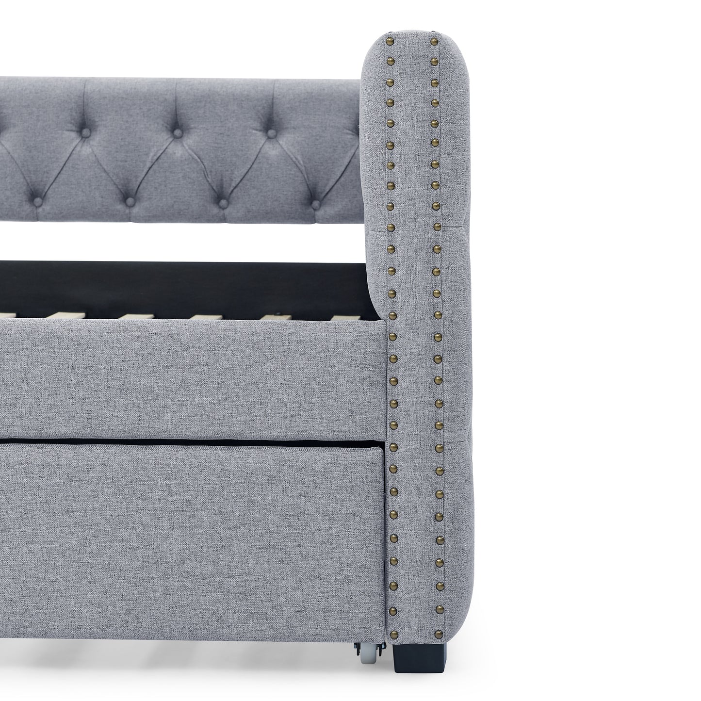 Daybed with Trundle Upholstered Tufted Sofa Bed, with Button and Copper Nail on Square Arms,Full Daybed & Twin Trundle, Grey(85"x57"x31.5")