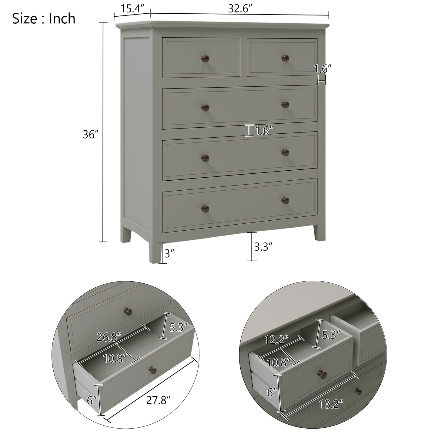 Gray Solid Wood 5 Pieces King Bedroom Sets(bed+nightstand*2+chest+dresser)NEW