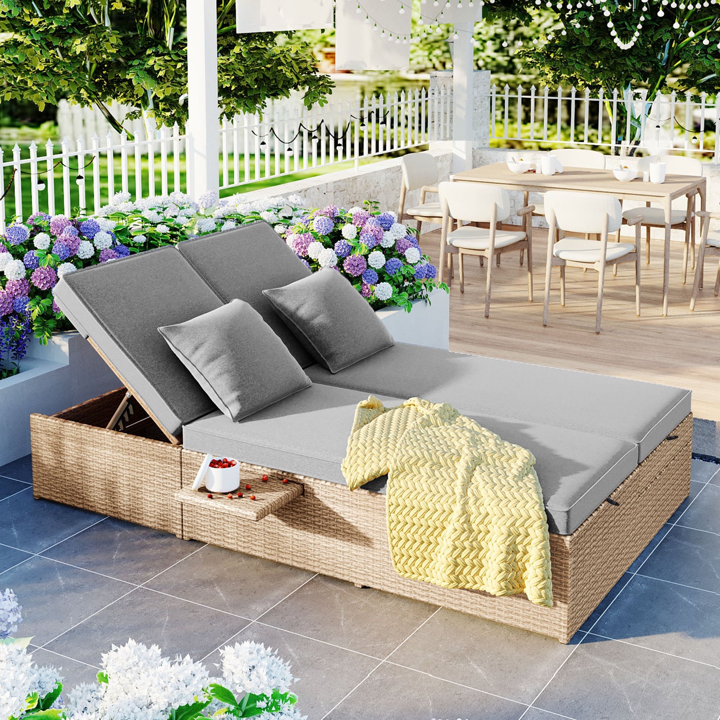 TOPMAX Outdoor Double Sunbed, Wicker Rattan Patio Reclining Chairs with Adjustable Backrest and Seat, Conversational Set for 2 Person, Brown