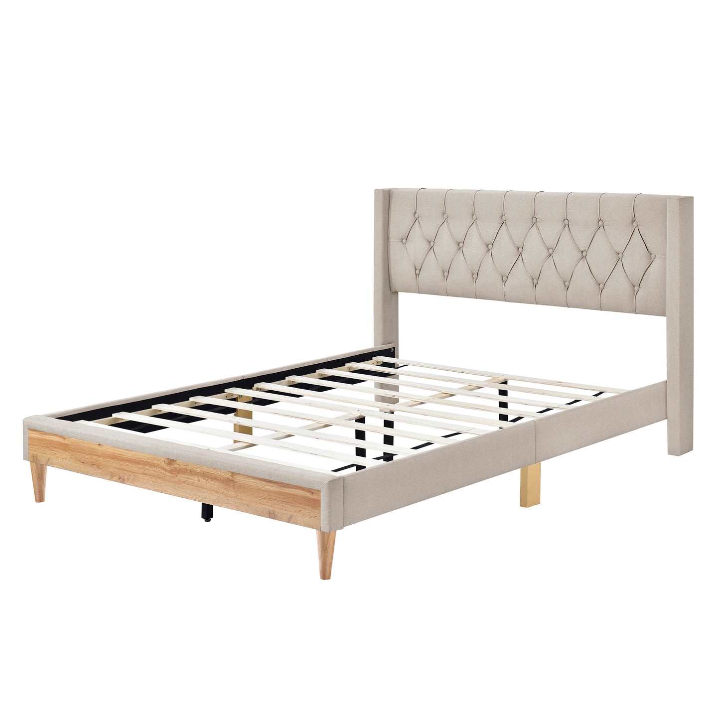 4-Pieces Bedroom Sets Queen Size Upholstered Platform Bed with Two Nightstands and Storage Bench-Beige