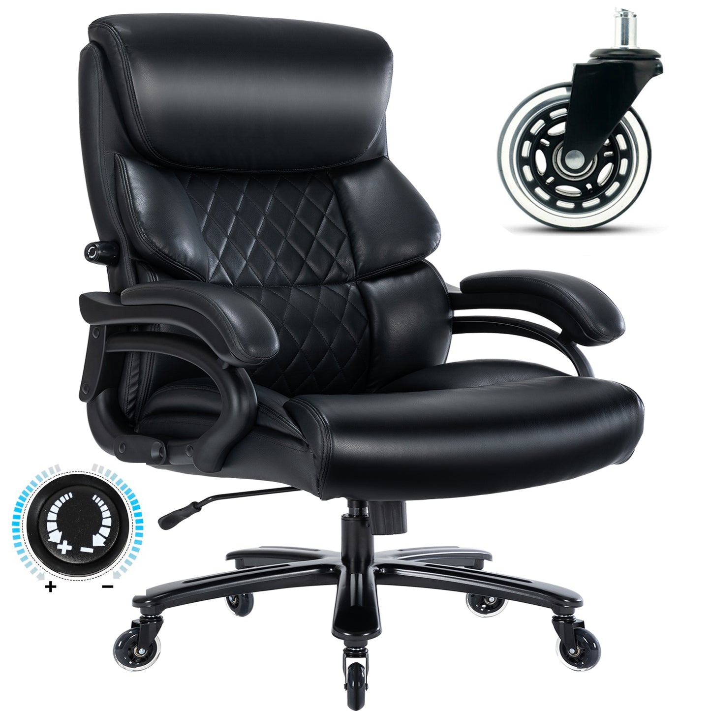 Big and Tall Office Chair 500 LBS-Executive Office Chair for Heavy People-Heavy Duty Office Chair with Sturdy Rollerblade Wheels-Desk Chair with Adjustable Lumbar Support Black Leather Chair