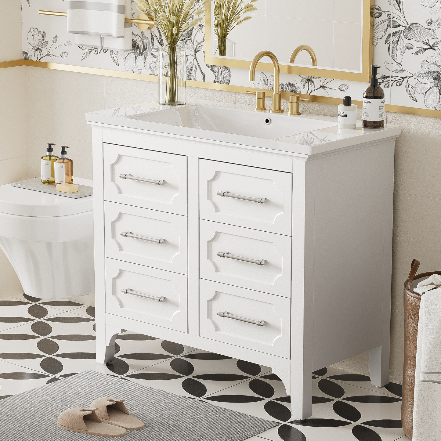 36'' Bathroom Vanity with Resin Sink Combo, Free Standing Single Vanity Set with Four Drawers, Solid Wood Frame Bathroom Storage Cabinet