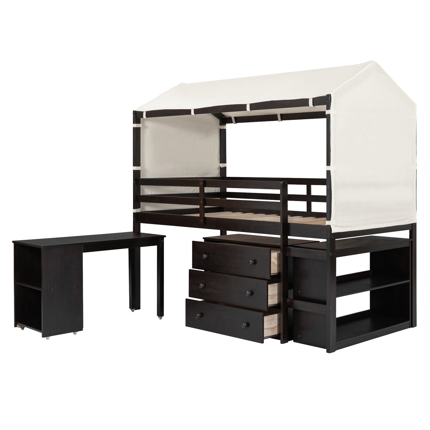 Twin Size Loft Bed with Rolling Cabinet, Shelf and Tent - Espresso