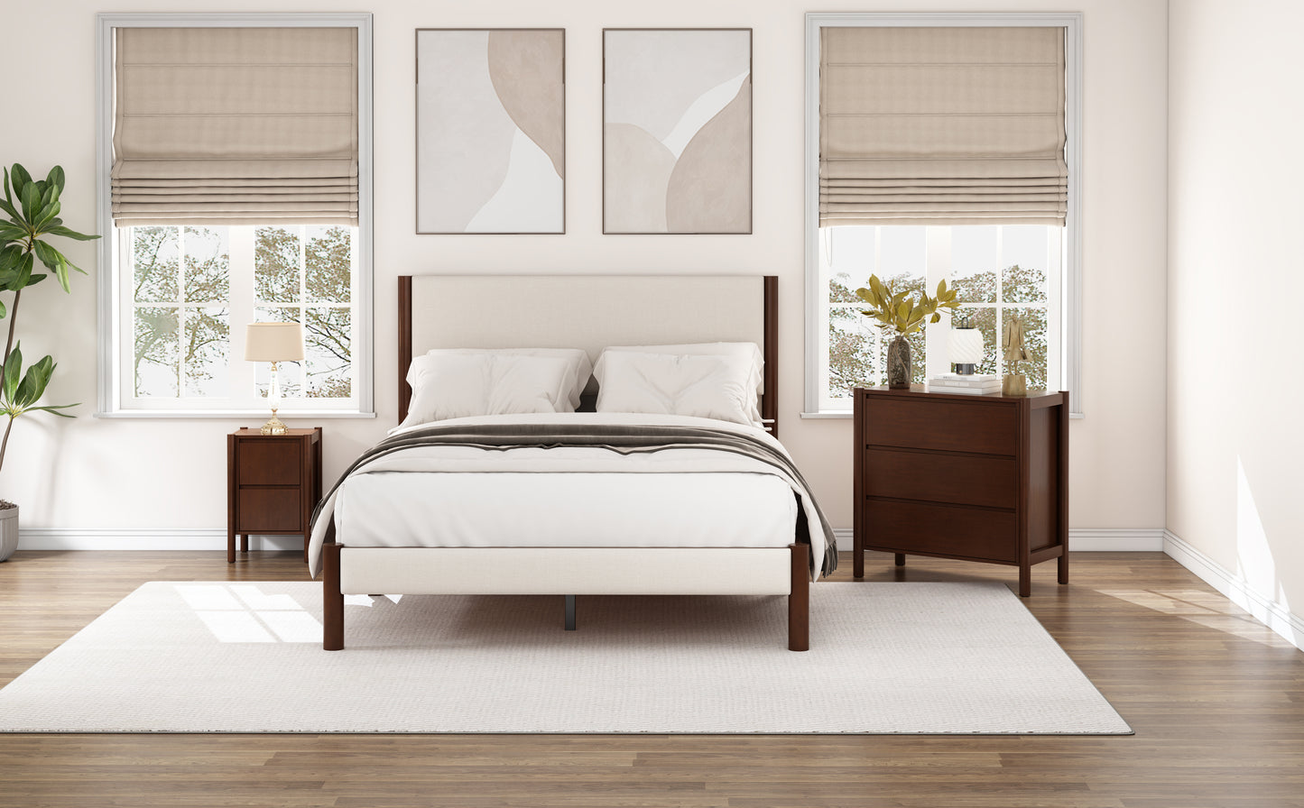 3 Pieces Bedroom Sets Mid Century Modern Upholestery Walnut Wood Frame Queen Platform Bed with Nightstand and Chest