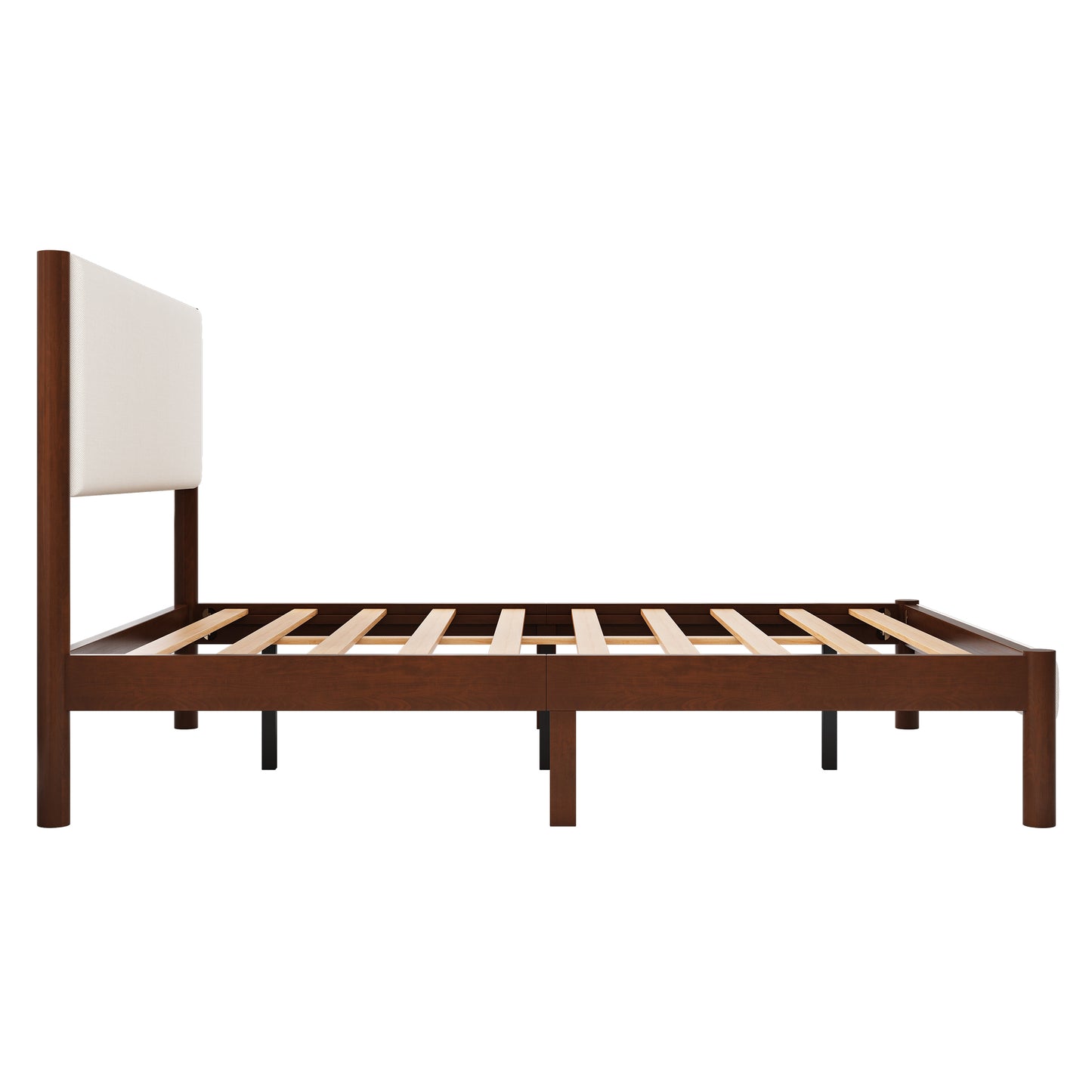 4 Pieces Bedroom Sets Mid Century Modern Upholestery Walnut Wood Frame Queen Platform Bed with Two Nightstands and Dresser