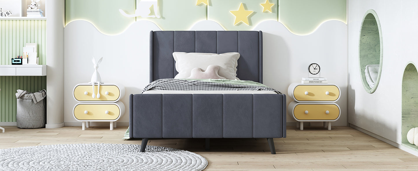 Twin Size Upholstered Platform Bed, Velvet, Gray