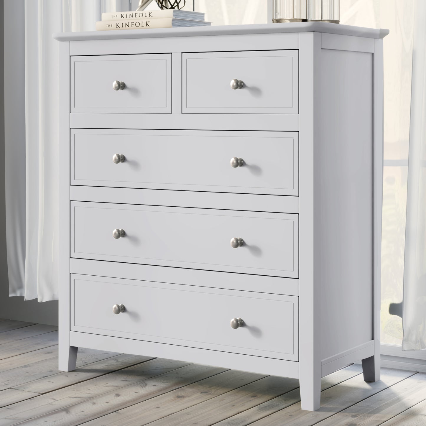 White Solid Wood 5 Pieces King Bedroom Sets(bed+nightstand*2+chest+dresser)
