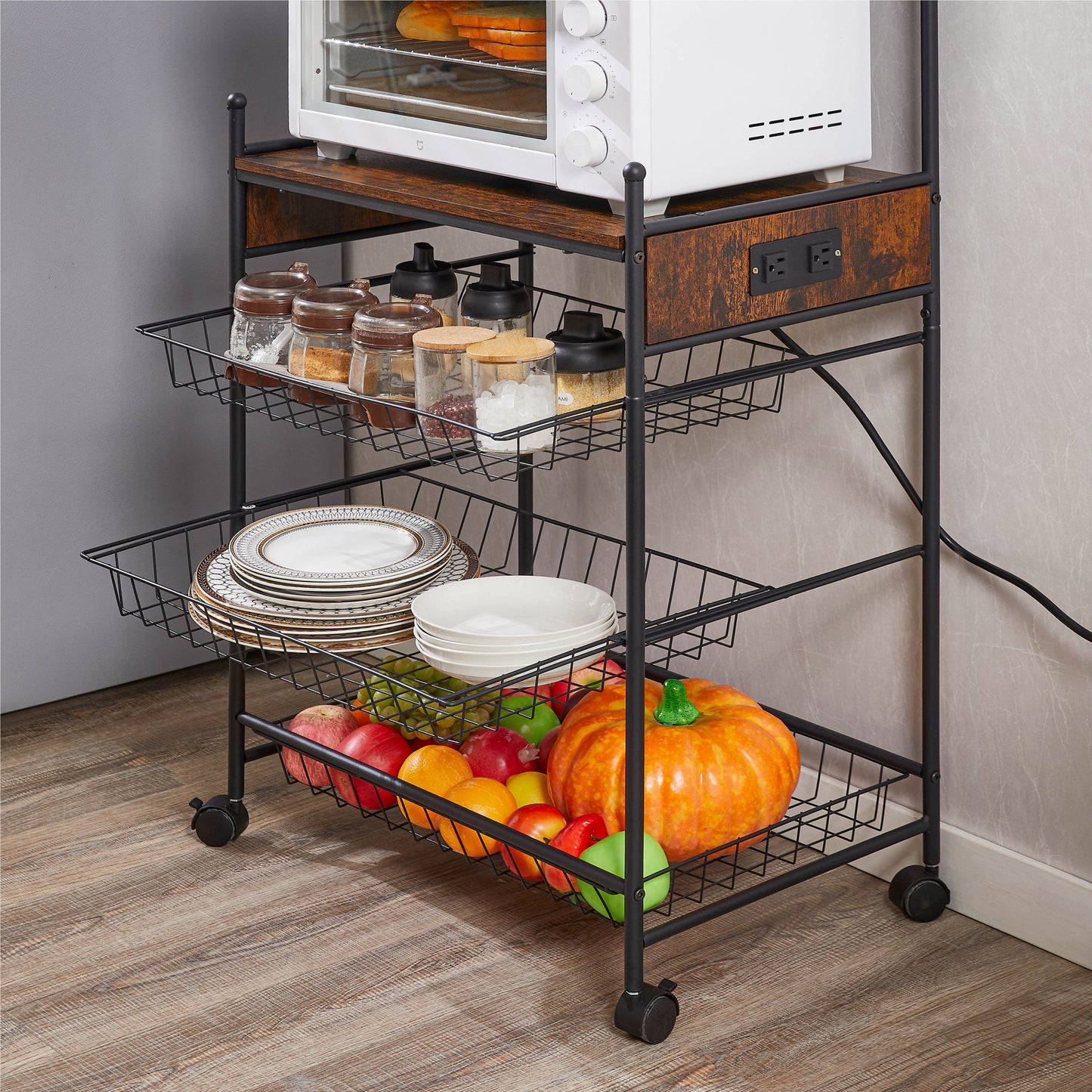Removable Microwave& Oven Shelf Wire Basket, Kitchen Storage Shelf Rack for Spices, Pots and Pans, Wheels with Anti-skid Locks