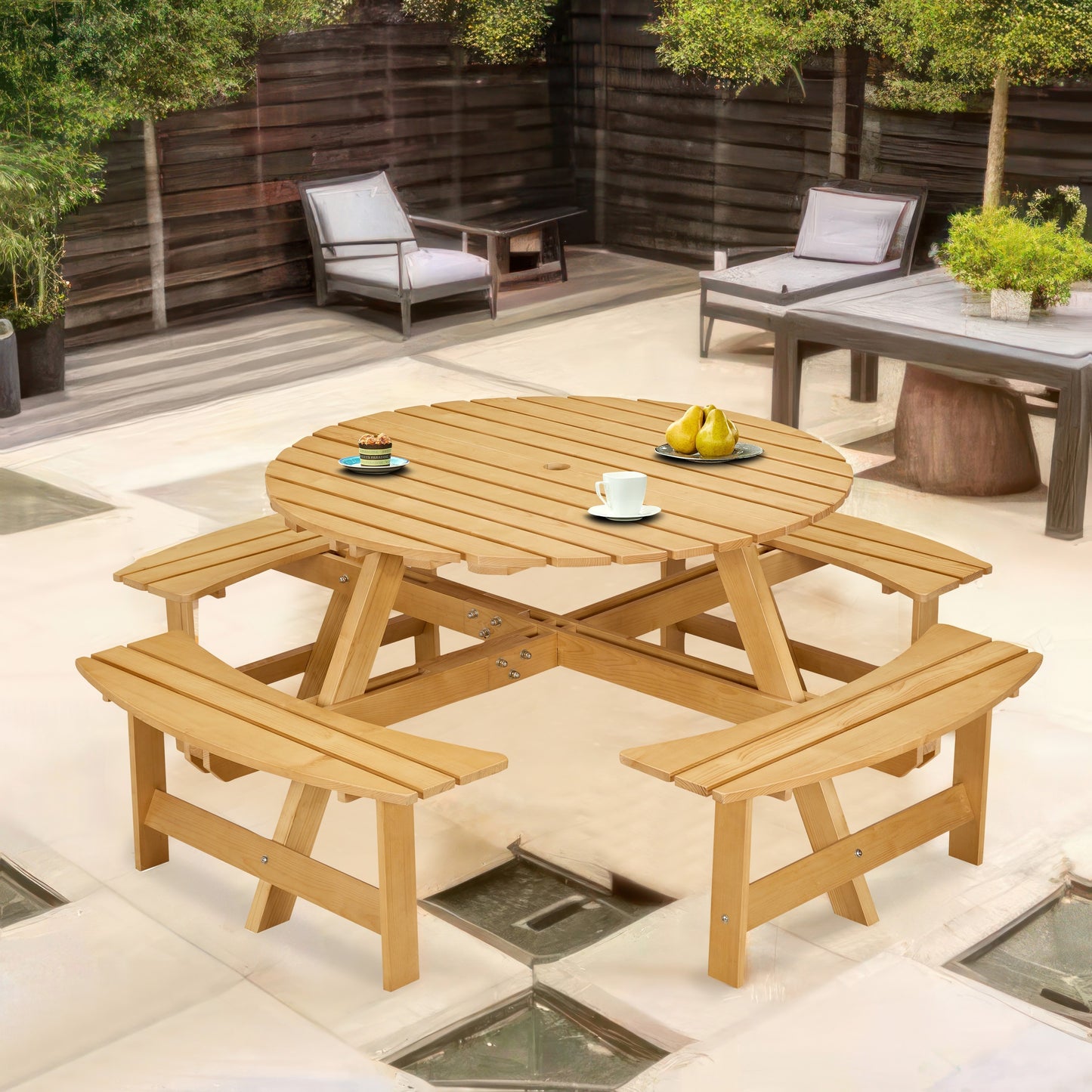 Outdoor 8 Person Picnic Table, 8 person Round Picnic Table with 4 Built-in Benches, Umbrella Hole, Outside Table and Bench Set for Garden, Backyard, Porch, Patio, Natural
