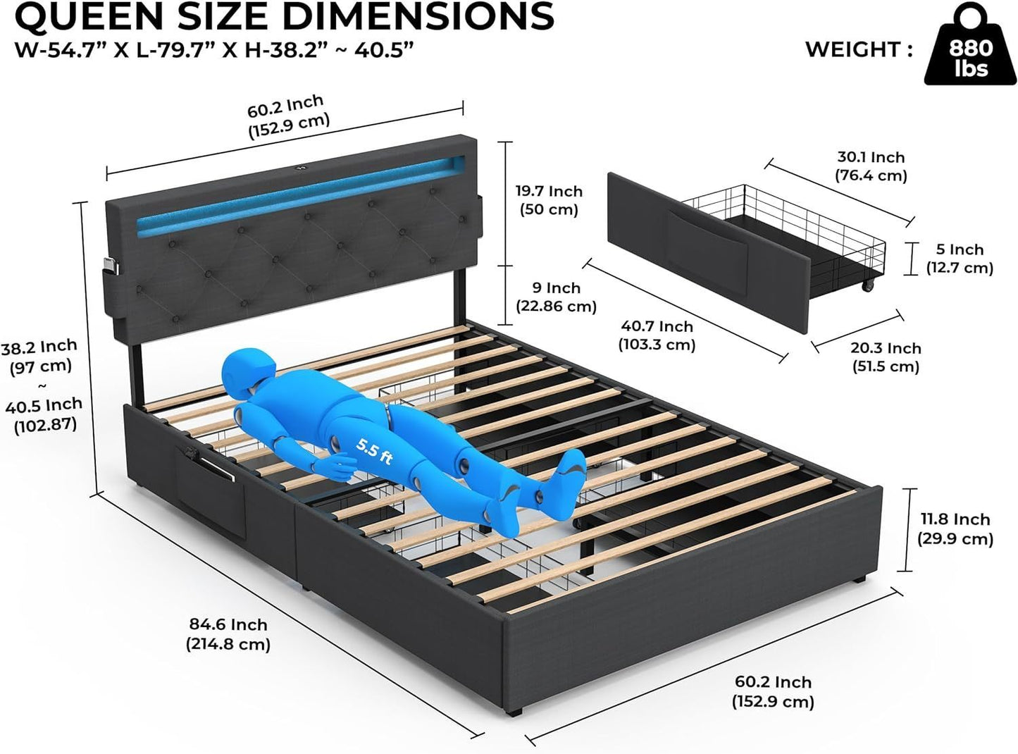 Queen Bed Frame with USB Charging Station & LED Lights, Queen Bed Frame with Headboard & 4 Storage Drawers, D