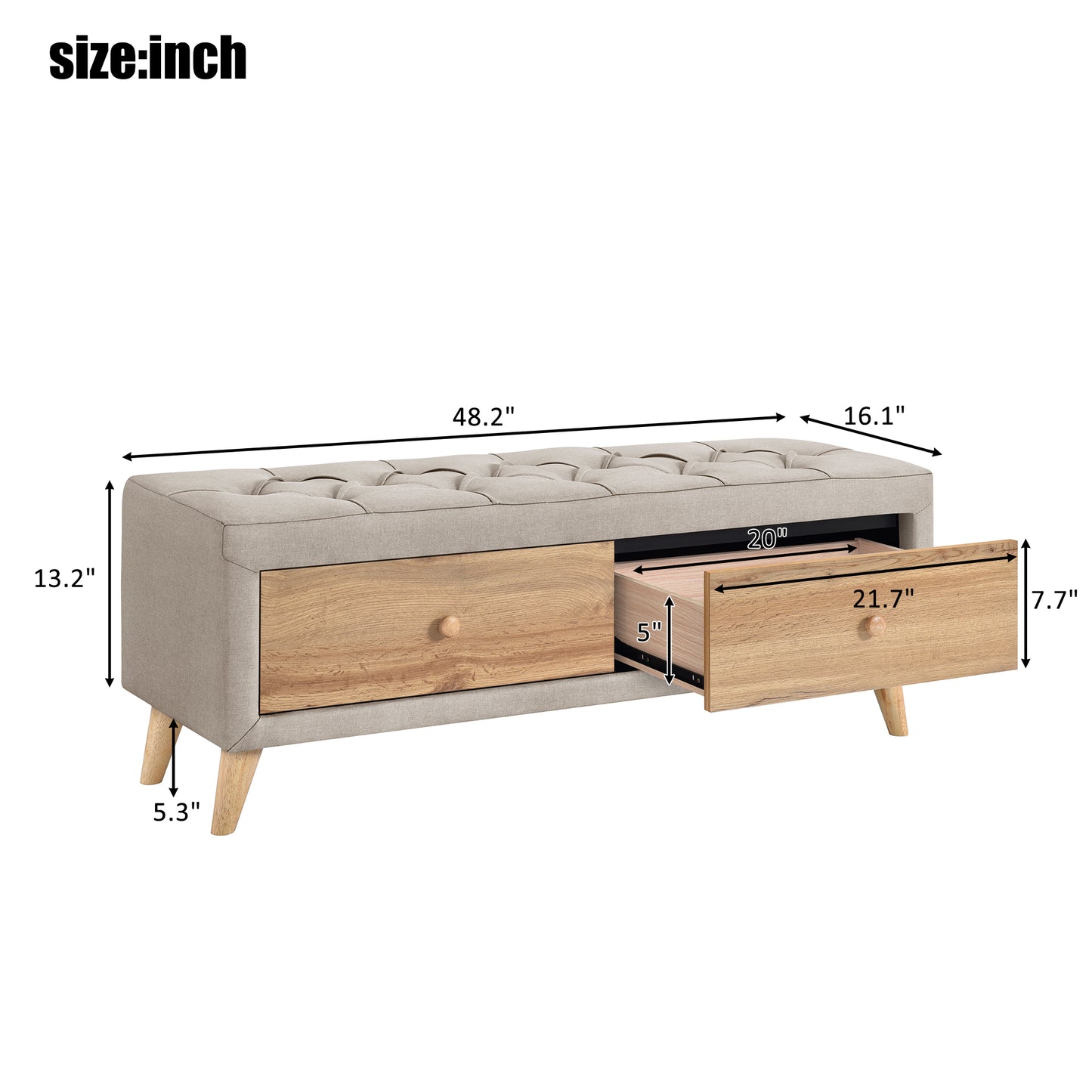 Upholstered Wooden Storage Ottoman Bench with 2 Drawers For Bedroom,Fully Assembled Except Legs and Handles,Padded Seat with Rubber Wood Leg-Beige