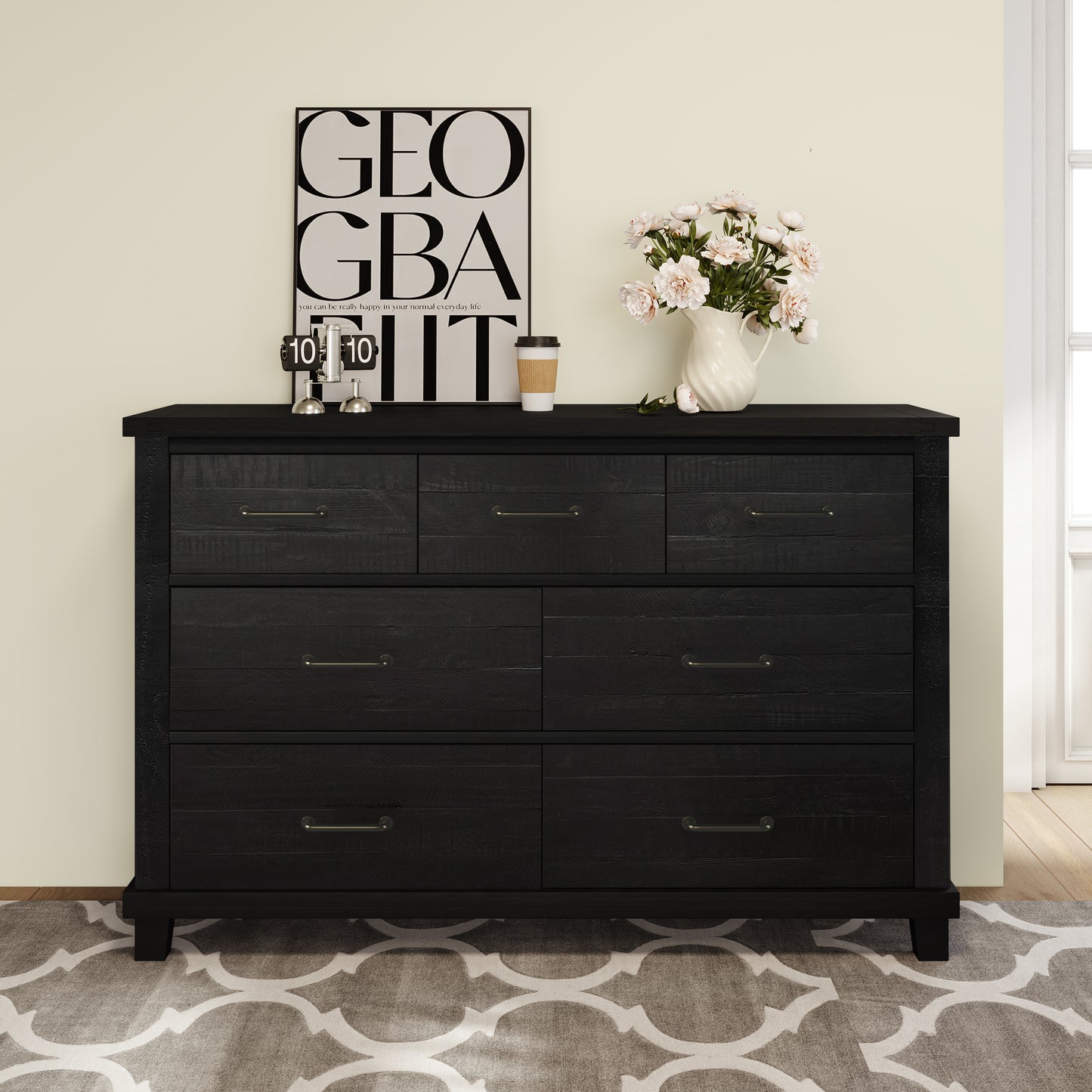 Rustic Farmhouse Style 3 Pieces Bedroom Sets Blackwash Queen Bed with 2 Drawers, Nightstand and Dresser, Coffee
