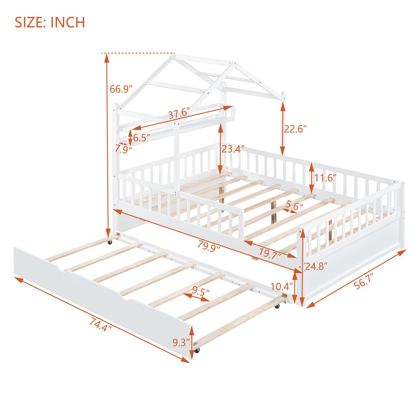 Wooden Full Size House Bed with Twin Size Trundle,Kids Bed with Shelf,White