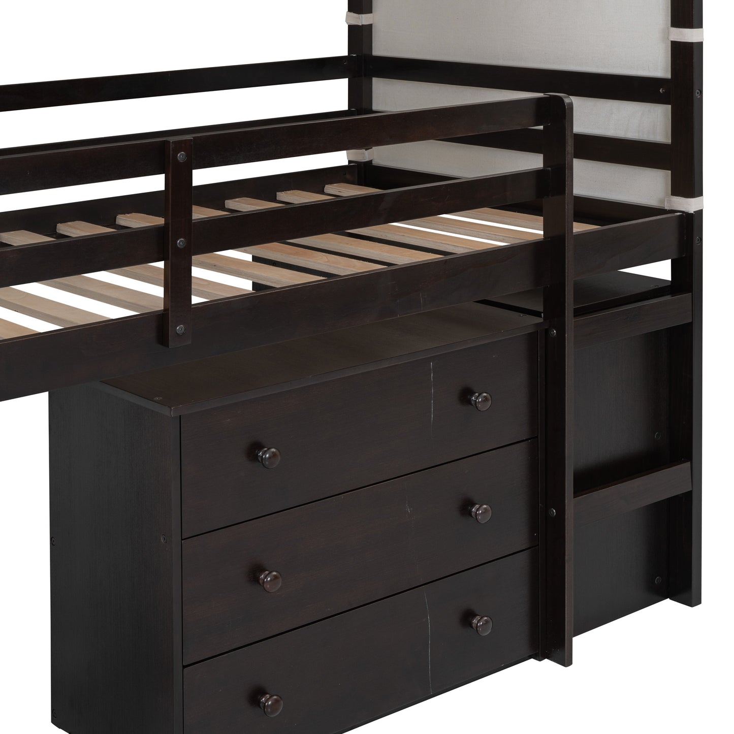 Twin Size Loft Bed with Rolling Cabinet, Shelf and Tent - Espresso