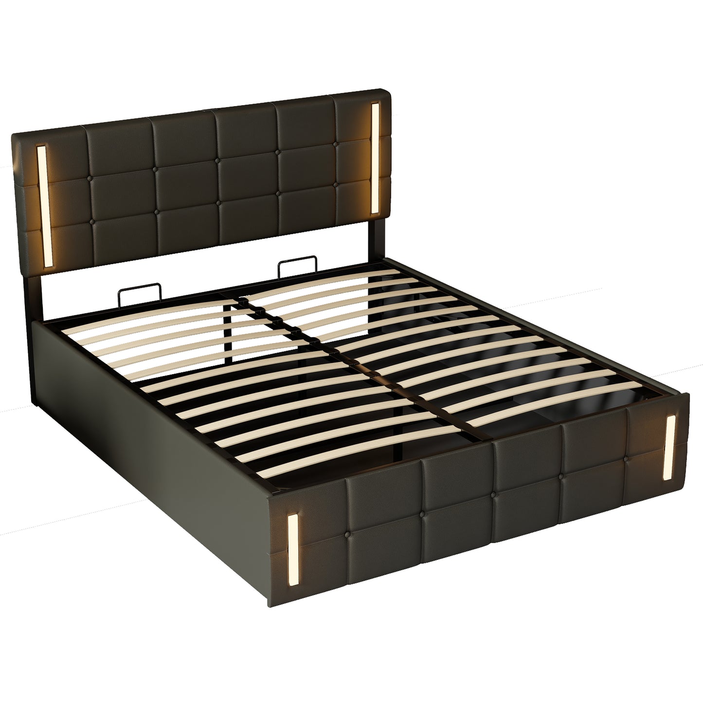 Queen Size Upholstered Bed with LED Lights,Hydraulic Storage System and USB Charging Station,Black