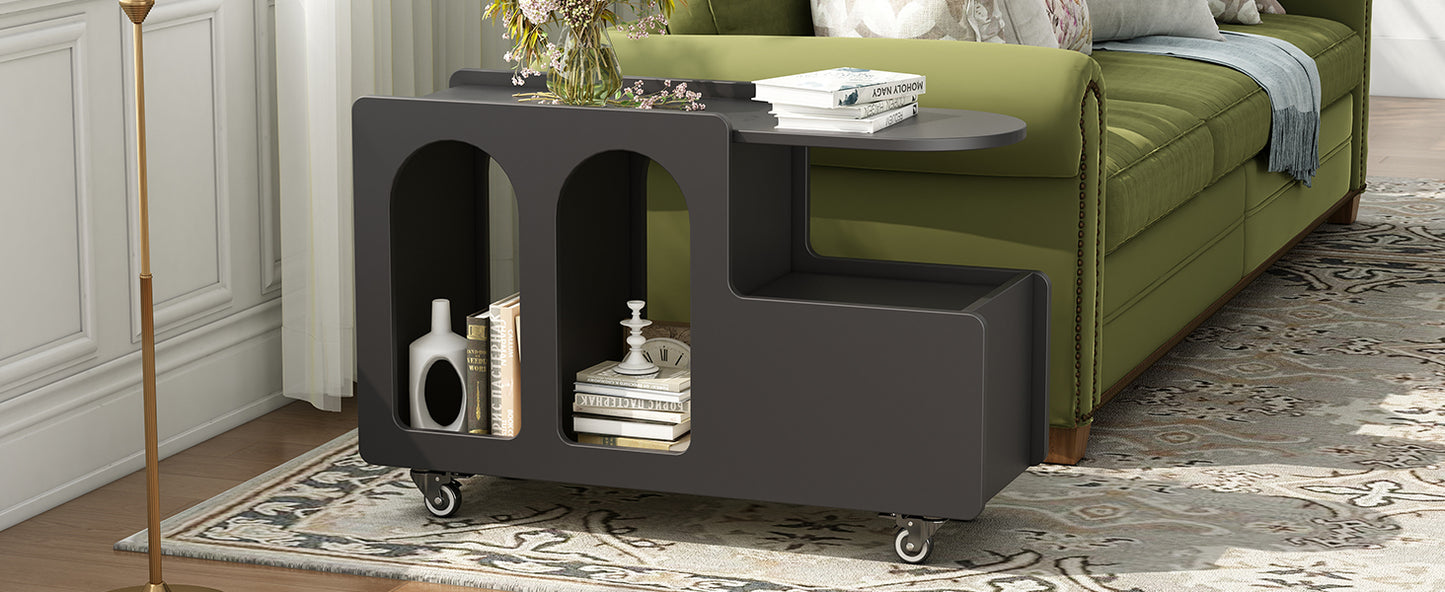 ON-TREND Mobile End Table with lockable wheels, Cream Style Side Table with Storage Drawer, 11.8inch Narrow Nightstand with Multi-layer Storage, Living Room, Black