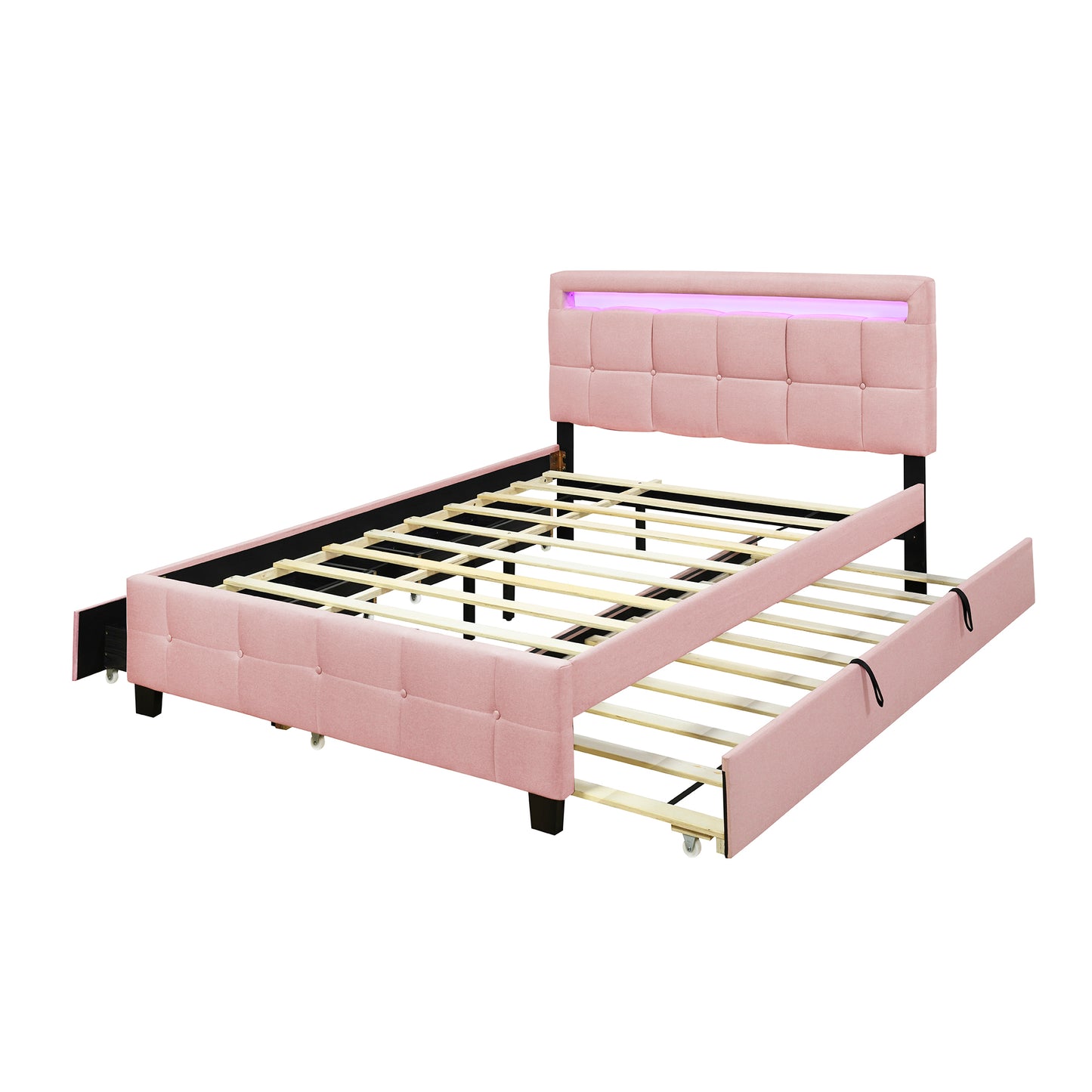 Queen Size Upholstered Platform Bed with LED Frame, with Twin XL Size Trundle and 2 drawers, Linen Fabric, Pink