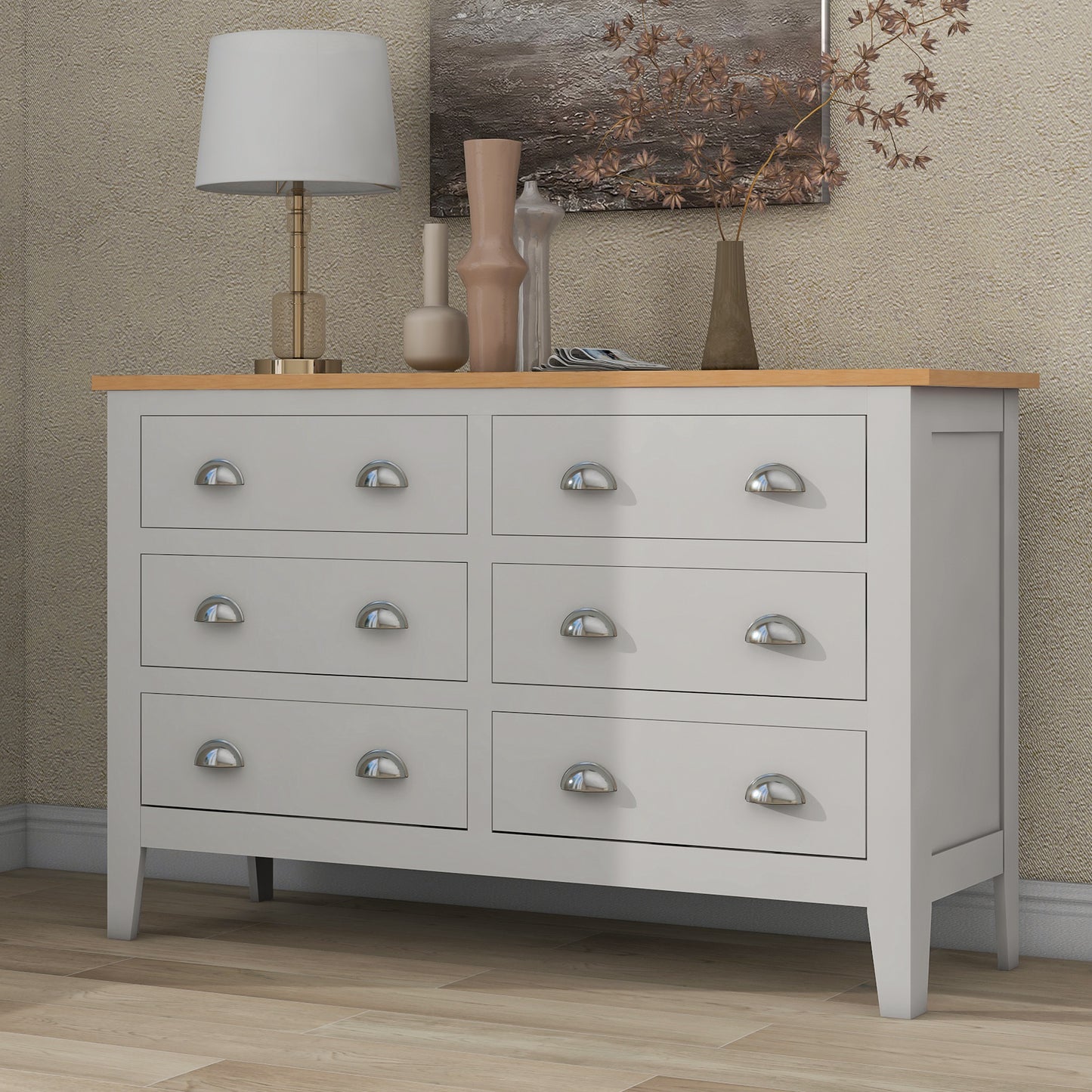 Country Gray Solid 6 Drawers Dresser with Oak Top