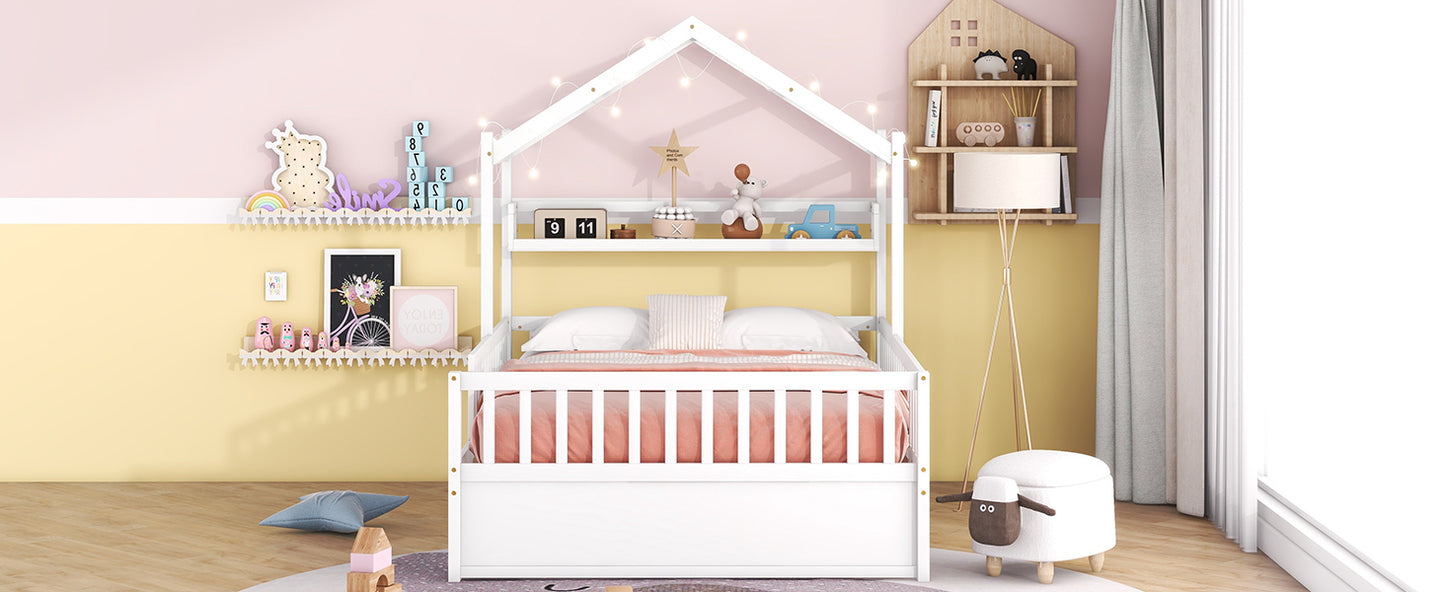 Wooden Full Size House Bed with Twin Size Trundle,Kids Bed with Shelf,White