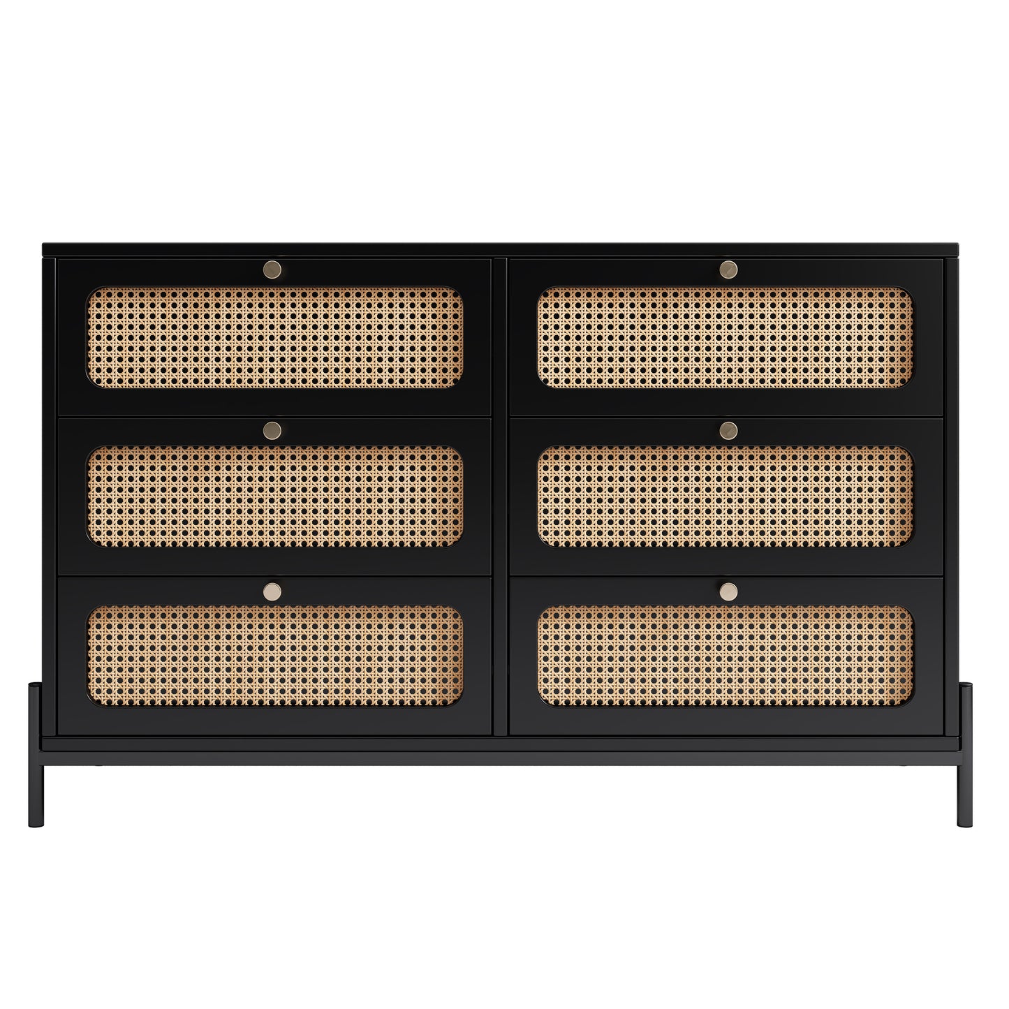 Modern Cannage Rattan Wood Closet 6-Drawer Dresser Wood Storage Cabinet Sideboard for Bedroom, Living Room, Entryway, Hallway, Black