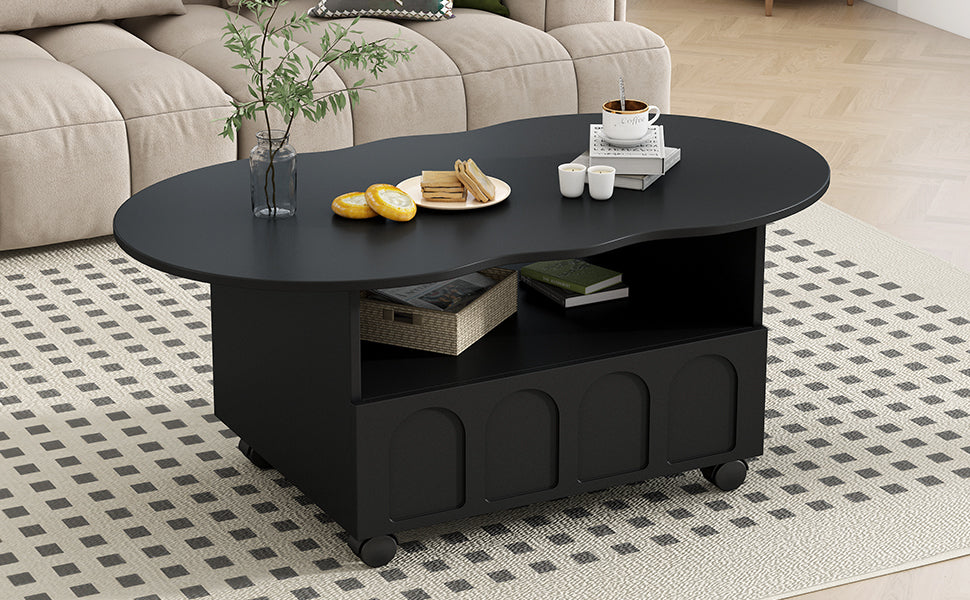 ON-TREND Flexible Cream Style Coffee Table with 2 Brake Wheels, Cloud Top Side Table with Drawer, Irregular Center Table with Large Storage for Living Room, Black, 39.37''x 23.6''
