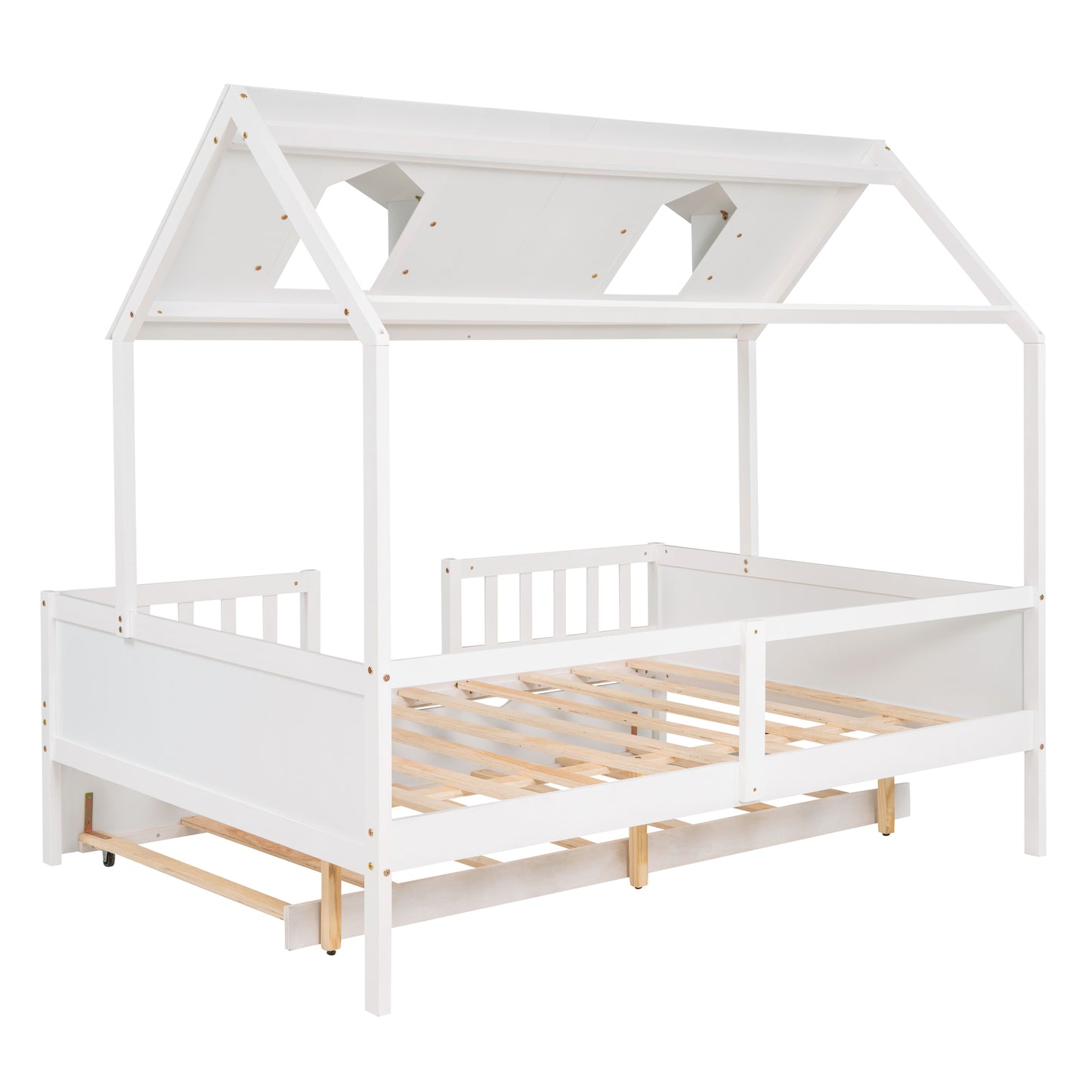 Full Size House Bed Wood Bed with Twin Size Trundle ( White )