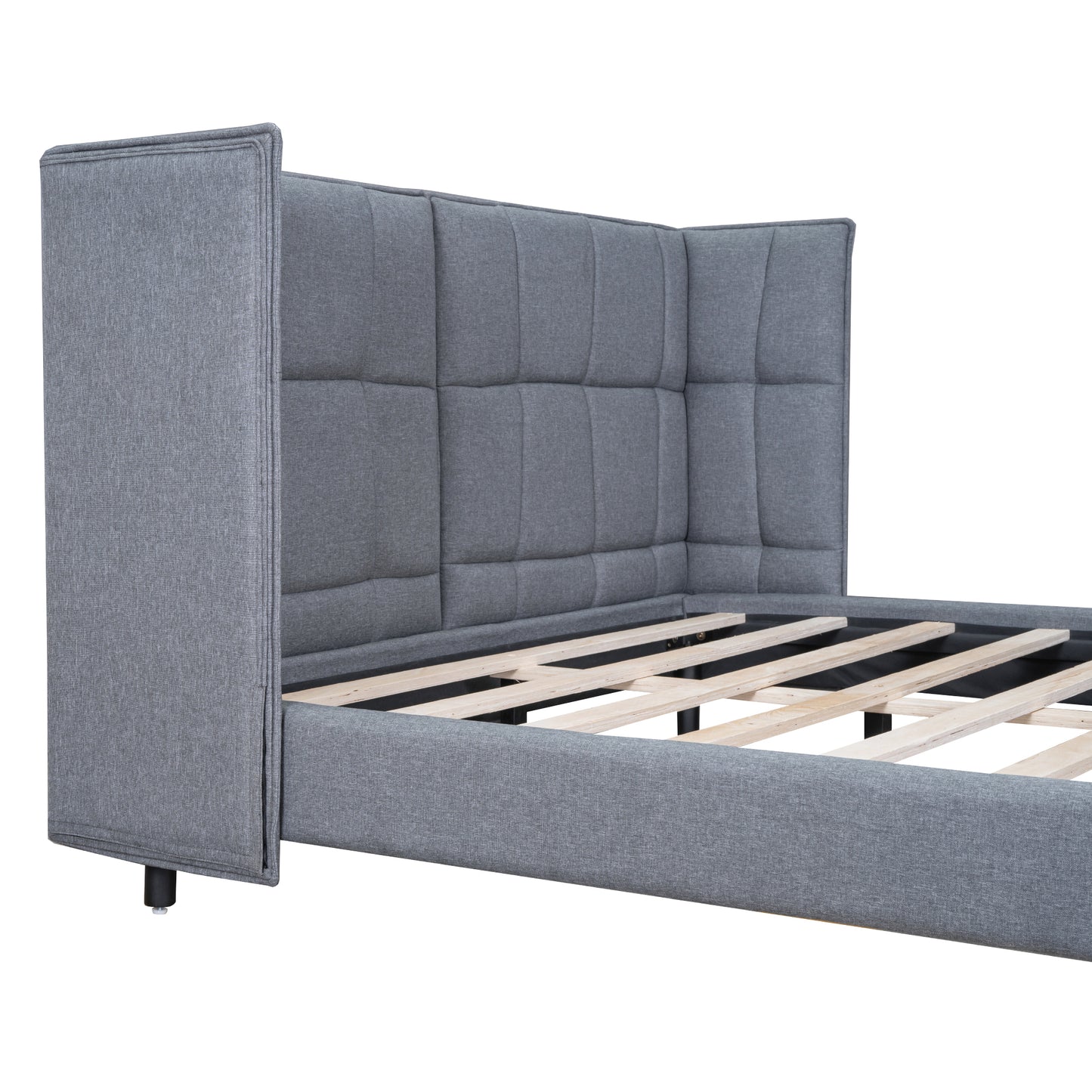 Queen Size Upholstered Platform Bed with LED Lights and U-Shaped Headboard, Linen Fabric, Gray