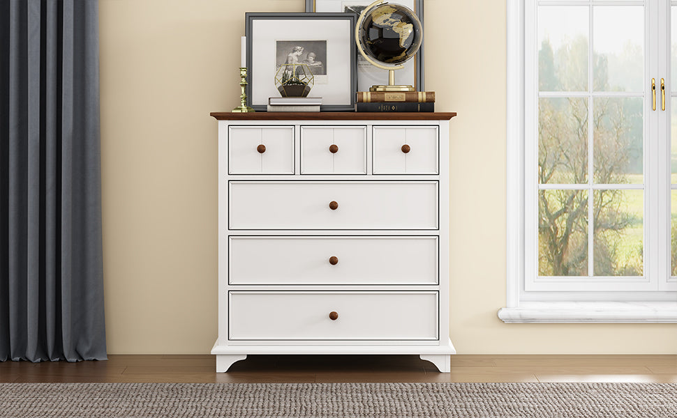 Wooden Captain Six-Drawer Chest for Bedroom, Living Room, Kids' Room, White+Walnut