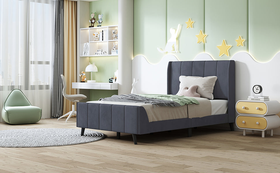 Twin Size Upholstered Platform Bed, Velvet, Gray