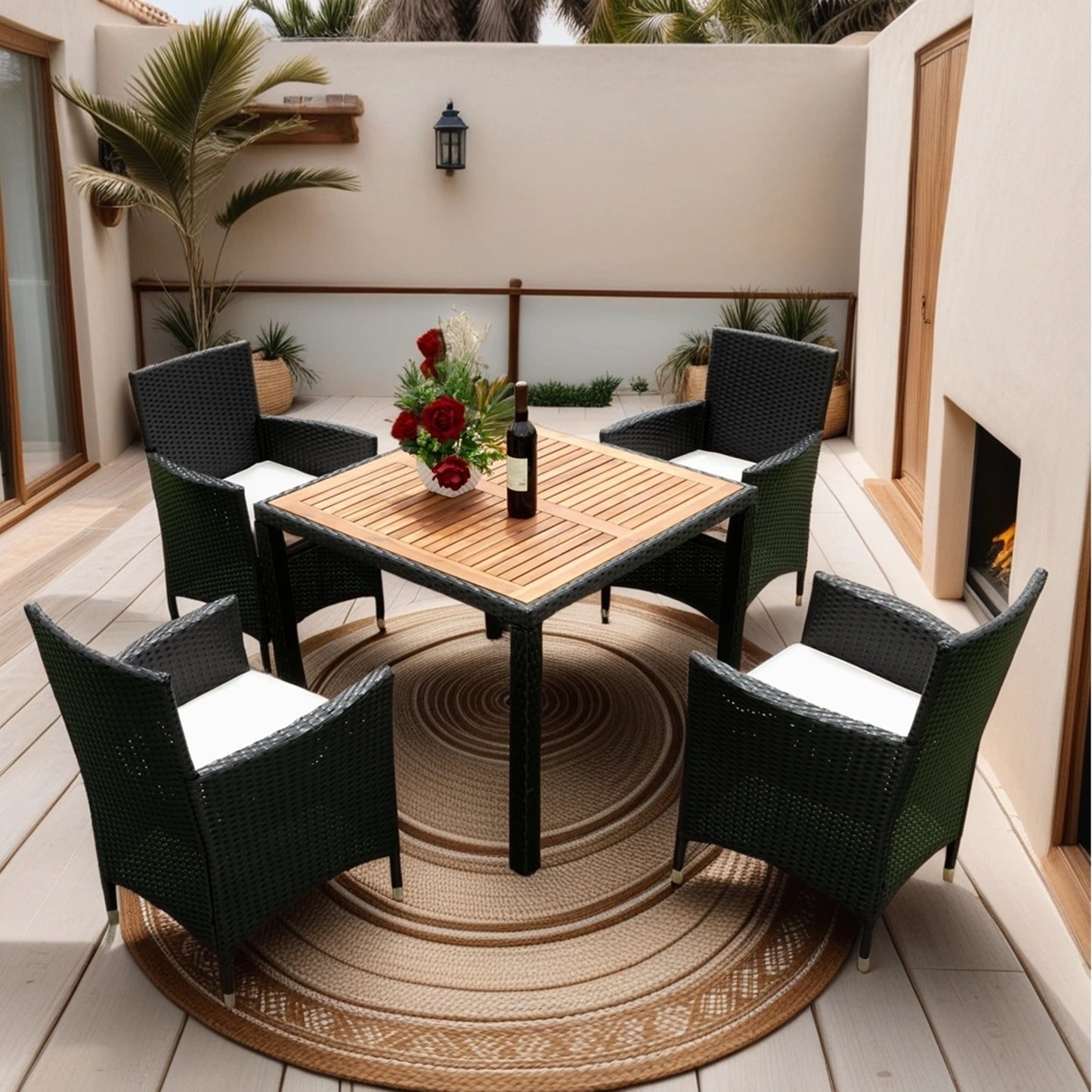 EELIFEE 5 piece Outdoor Patio Wicker Dining Set Patio Wicker Furniture Dining Set w/Acacia Wood Top Black Wicker + Creme Cushion