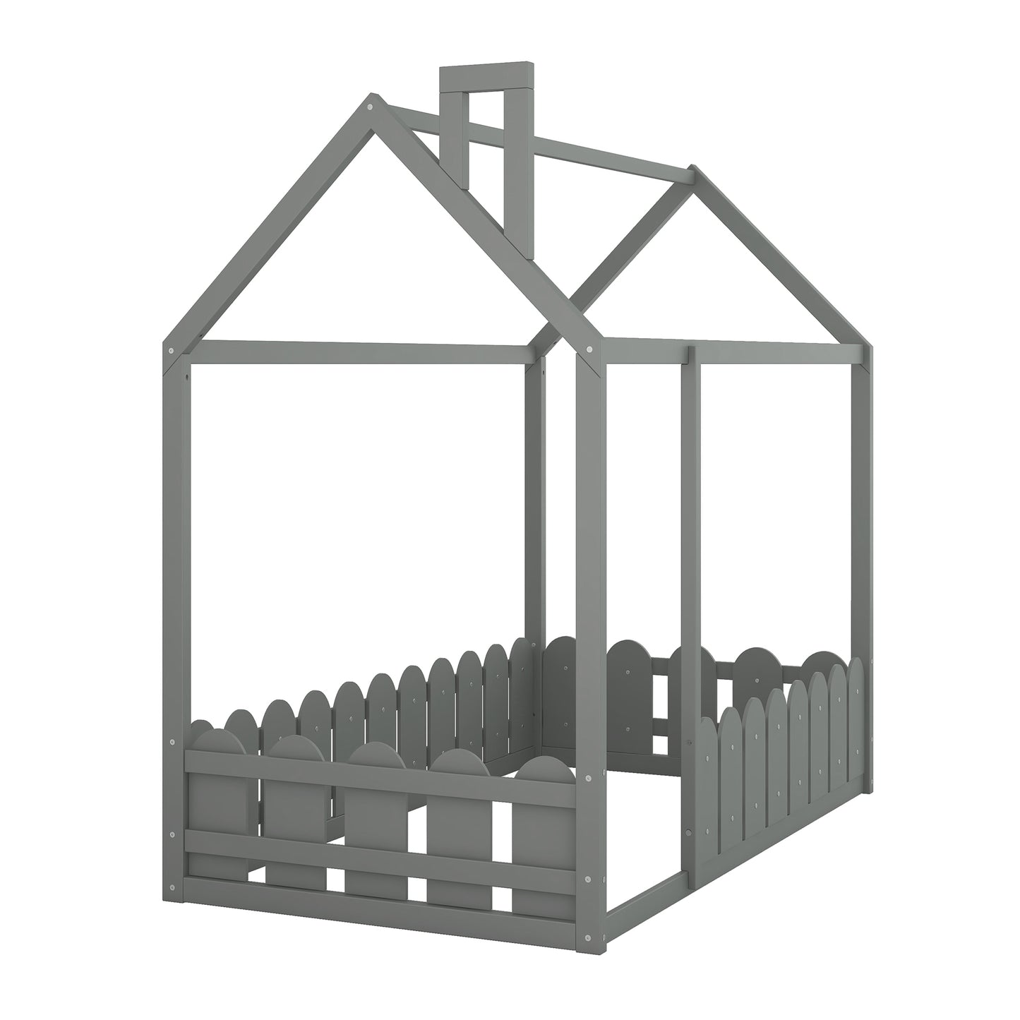(Slats are not included) Twin Size Wood Bed House Bed Frame with Fence, for Kids, Teens, Girls, Boys (Gray )(OLD SKU :WF194274AAE)