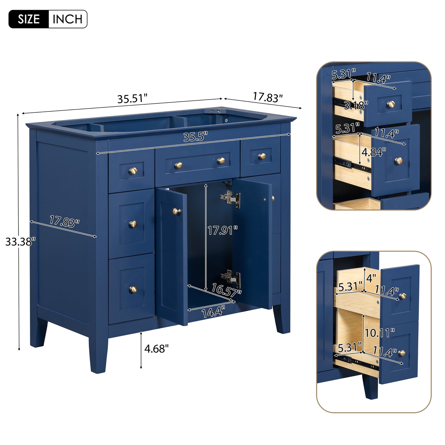 36'' Bathroon Vanity without Sink, Modern Freestanding Single Bathroom Cabinet with 6 Drawers & 2 Cabinets, Storage Cabinet for Bathroom, Solid Wood Frame Vanity Set, Blue (NOT INCLUDE SINK)