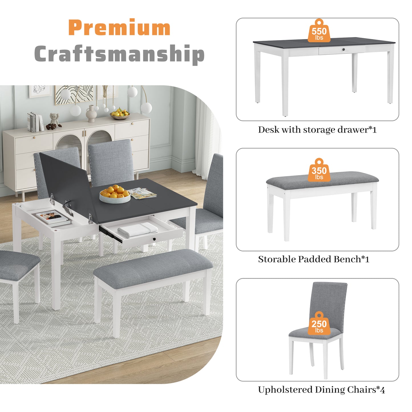 TOPMAX Farmhouse 6-Piece Dining Table Set with Storage Table, Kitchen Table Set with Drawer, Storable Bench and Upholstered Dining Chairs, White+Gray
