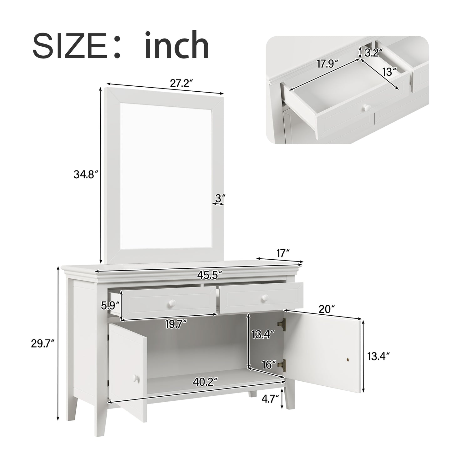 6 Pieces Traditional Concise Style White Bedroom Sets, Nightstand*2+ Chest+ Dresser+ Mirror+ Full Bed