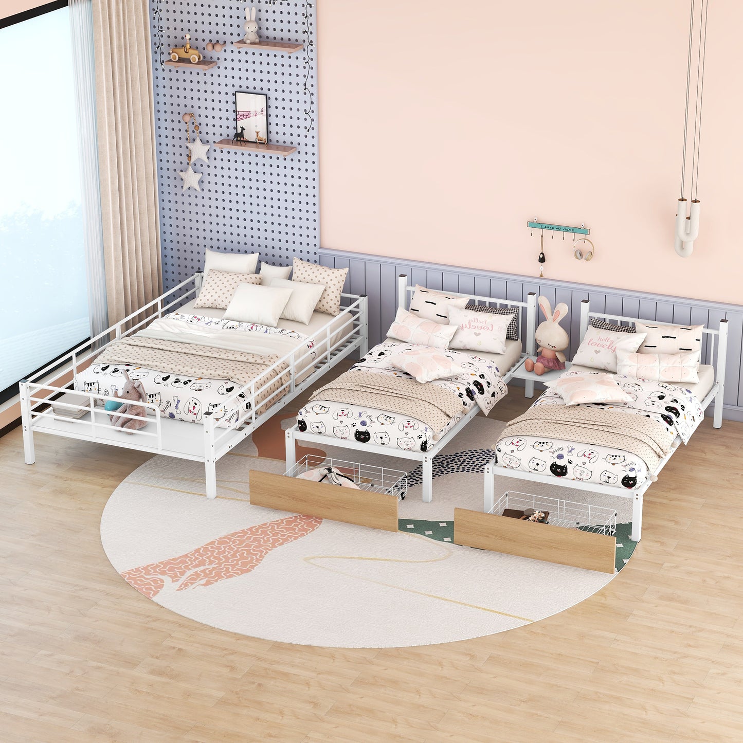 Full over Twin-Twin Triple bunk bed with drawers and staircase, White