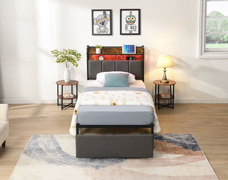 Twin Bed Frame, Storage Headboard with Charging Station, Solid and Stable, Noise Free, No Box Spring Needed, Easy Assembly