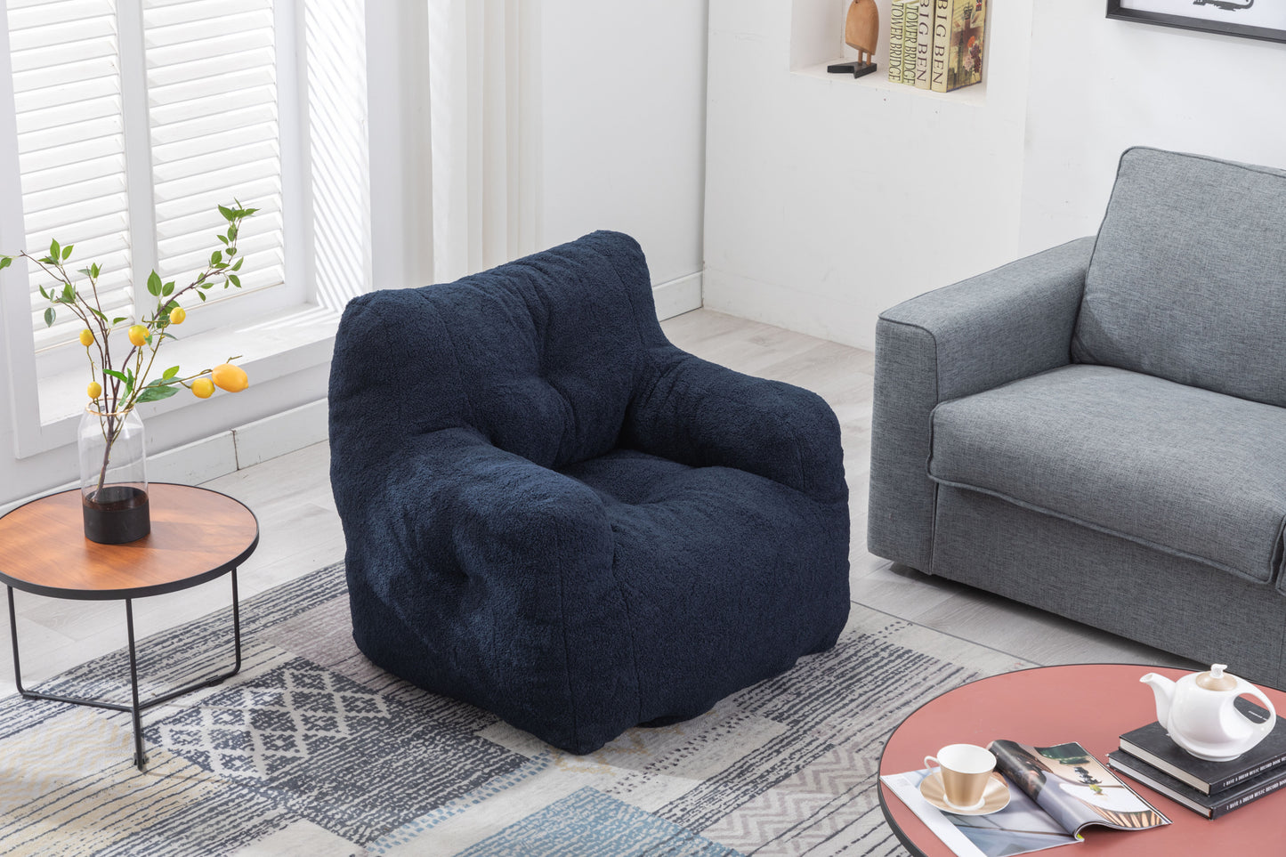 010-Soft Teddy Fabric Tufted Foam Bean Bag Chair With Teddy Fabric Dark Blue