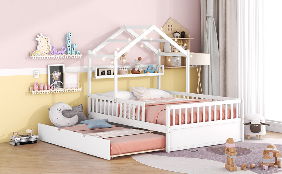 Wooden Full Size House Bed with Twin Size Trundle,Kids Bed with Shelf,White