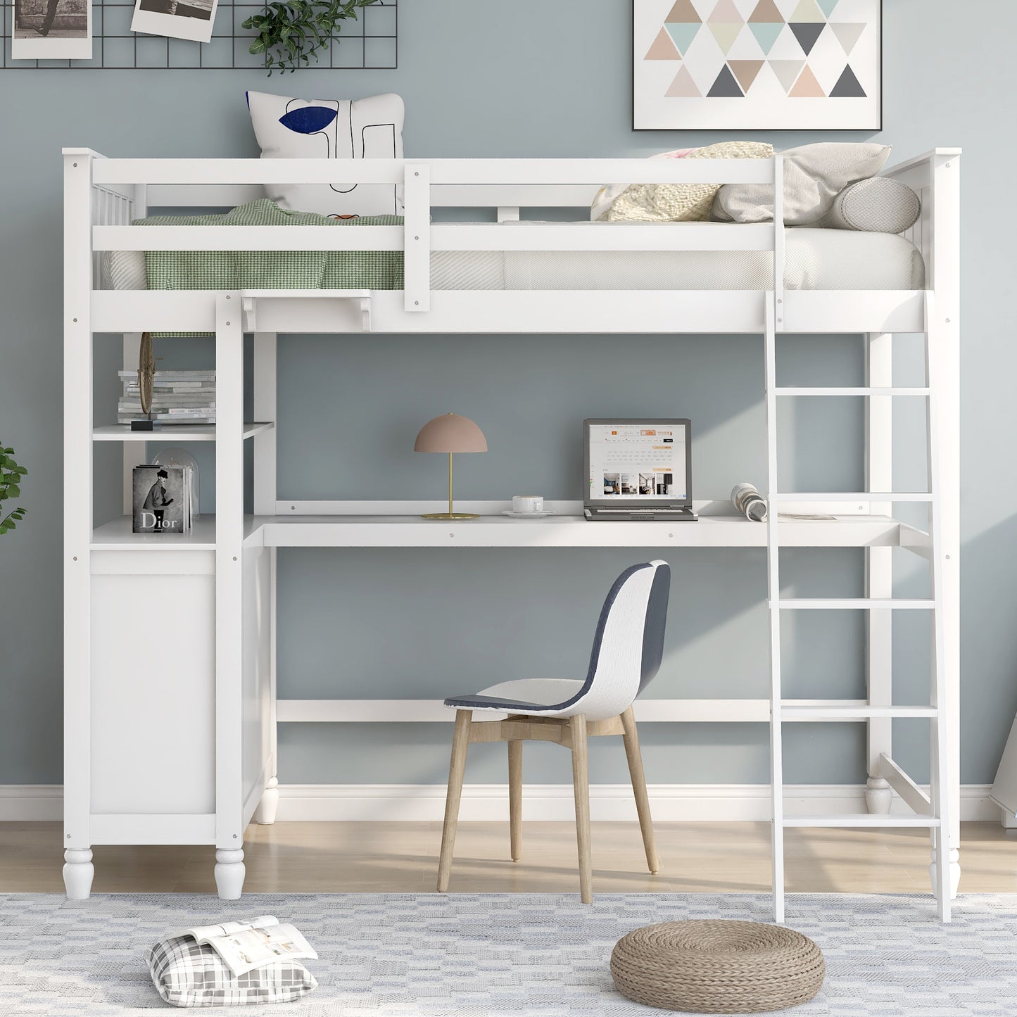 Twin size Loft Bed with Drawers and Desk, Wooden Loft Bed with Shelves - White(OLD SKU: LP000530AAK)