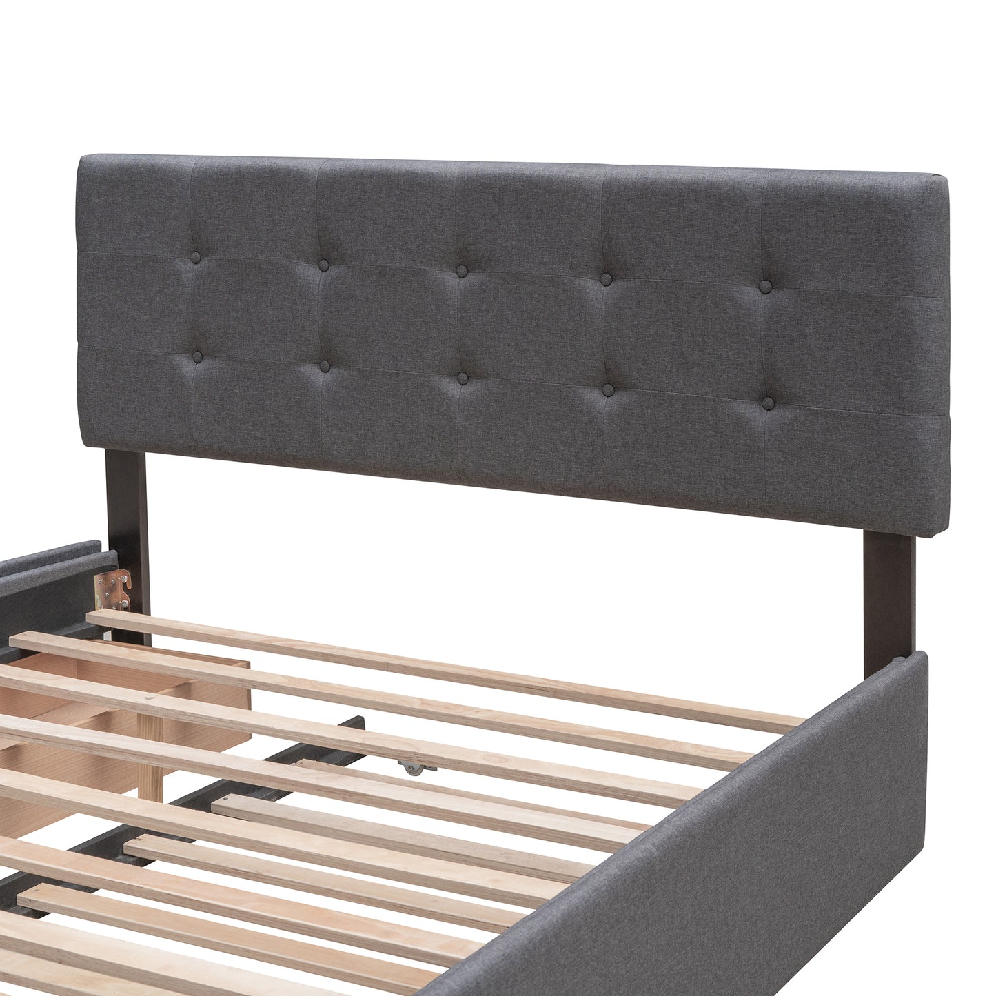 Upholstered Platform Bed with 2 Drawers and 1 Twin XL Trundle, Linen Fabric, Queen Size - Dark Gray(OLD SKU :LP000314AAE)